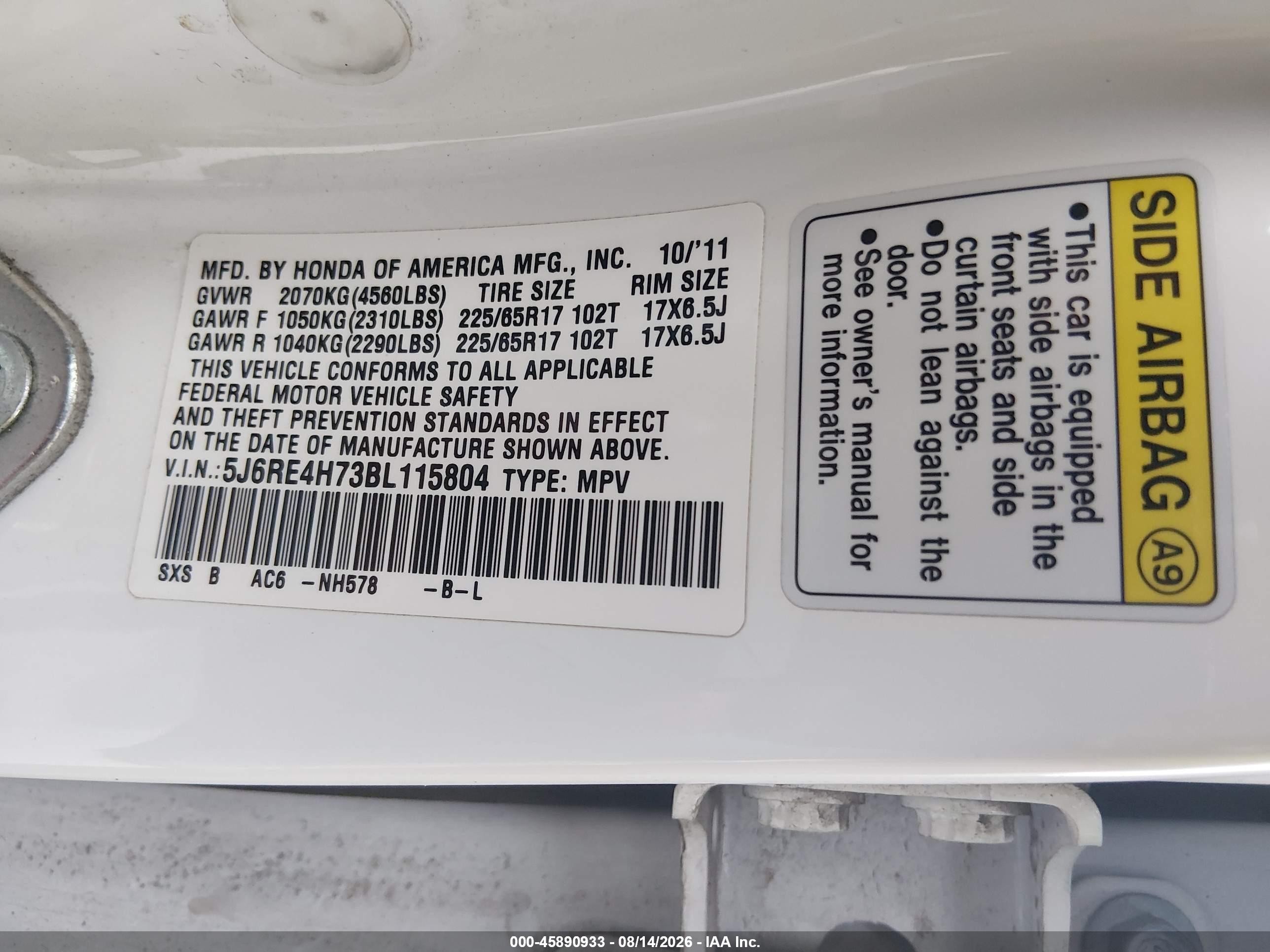 2011 Honda Cr-v Ex-l White vin: 5J6RE4H73BL115804