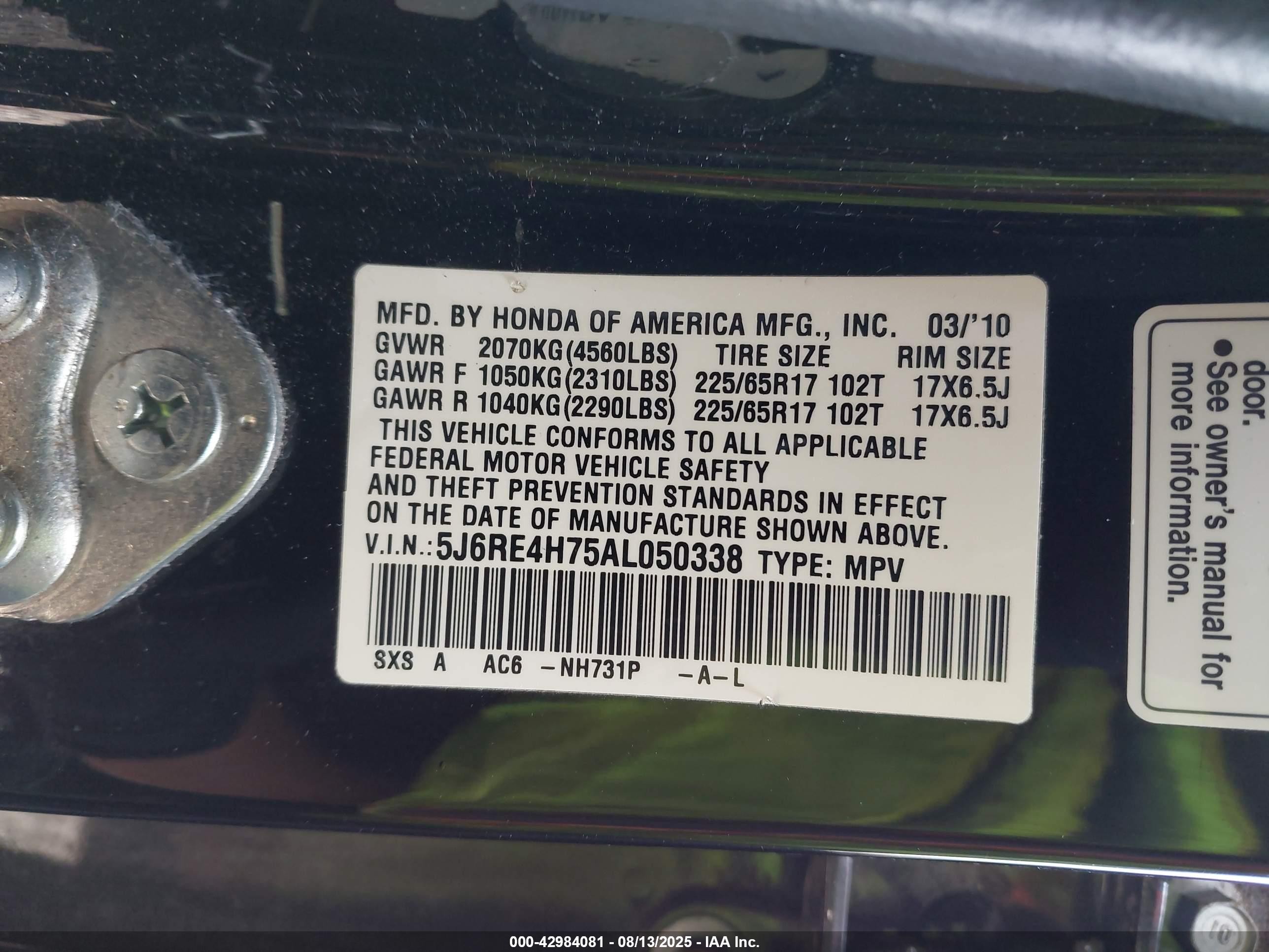 2010 Honda Cr-v Ex-l Black vin: 5J6RE4H75AL050338