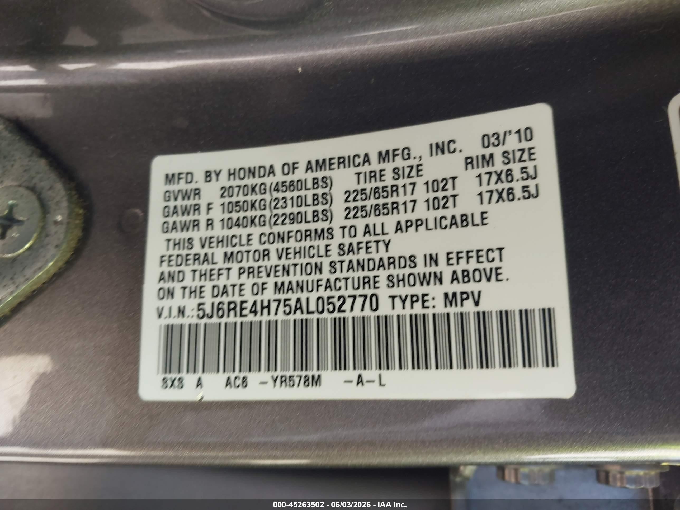 2010 Honda Cr-v Ex-l Champagne vin: 5J6RE4H75AL052770