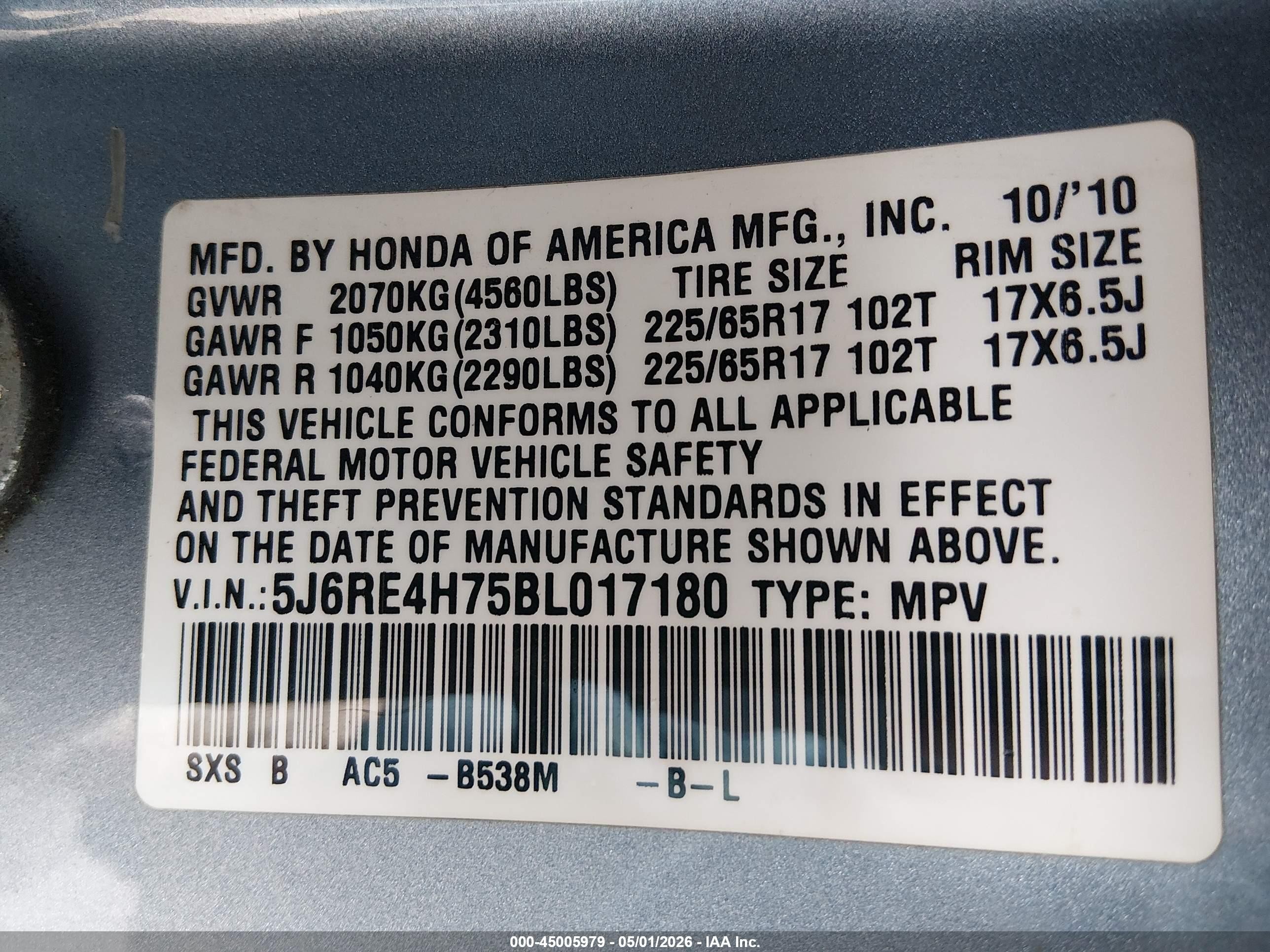 2011 Honda Cr-v Ex-l Blue vin: 5J6RE4H75BL017180