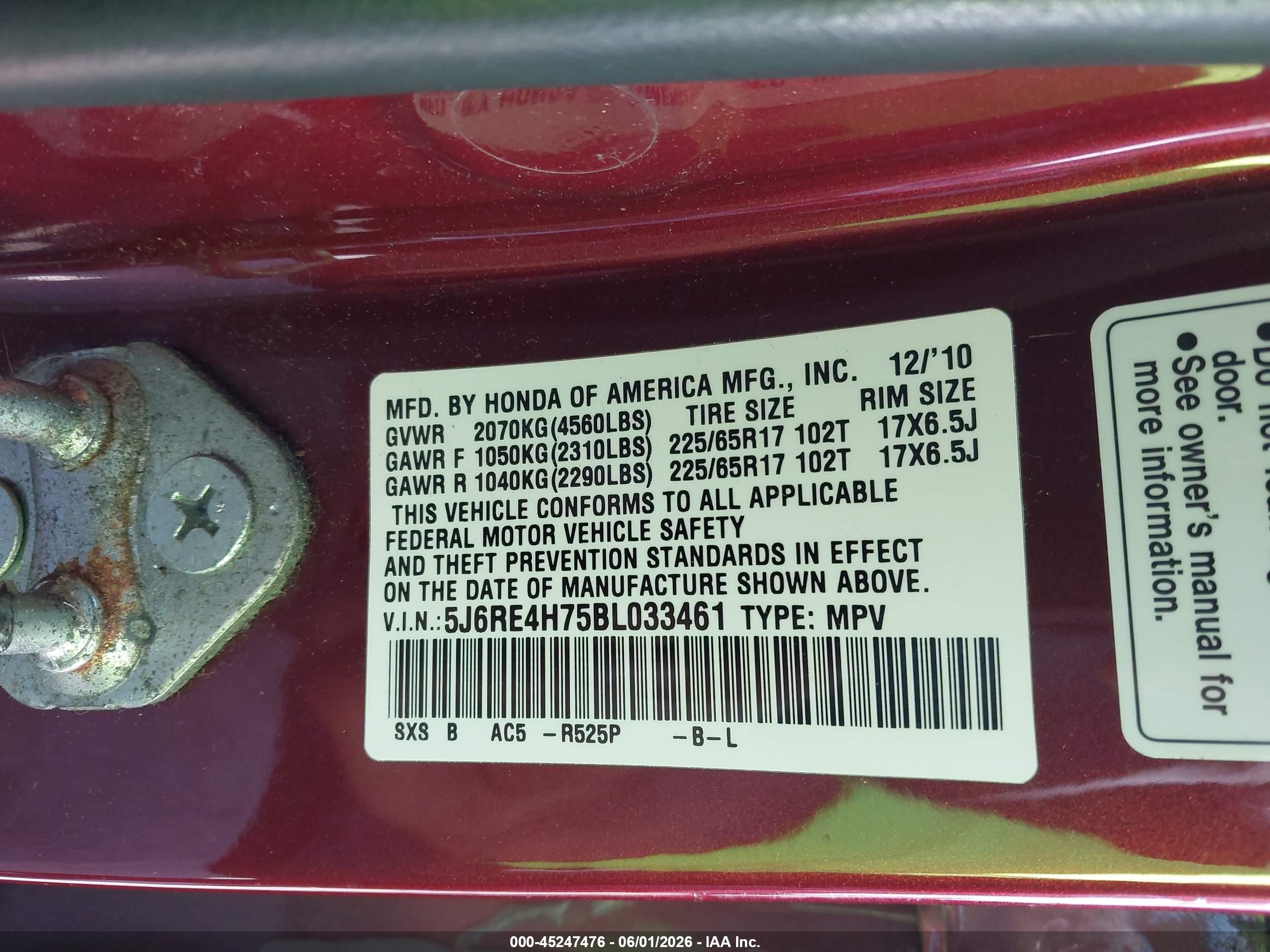 2011 Honda Cr-v Ex-l Red vin: 5J6RE4H75BL033461