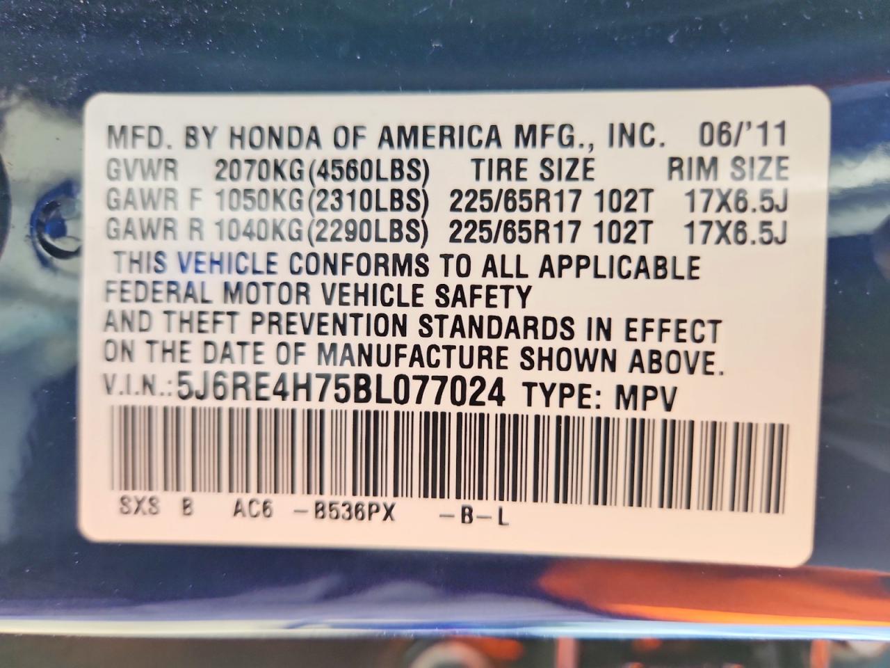 2011 Honda Cr-v Exl Blue vin: 5J6RE4H75BL077024