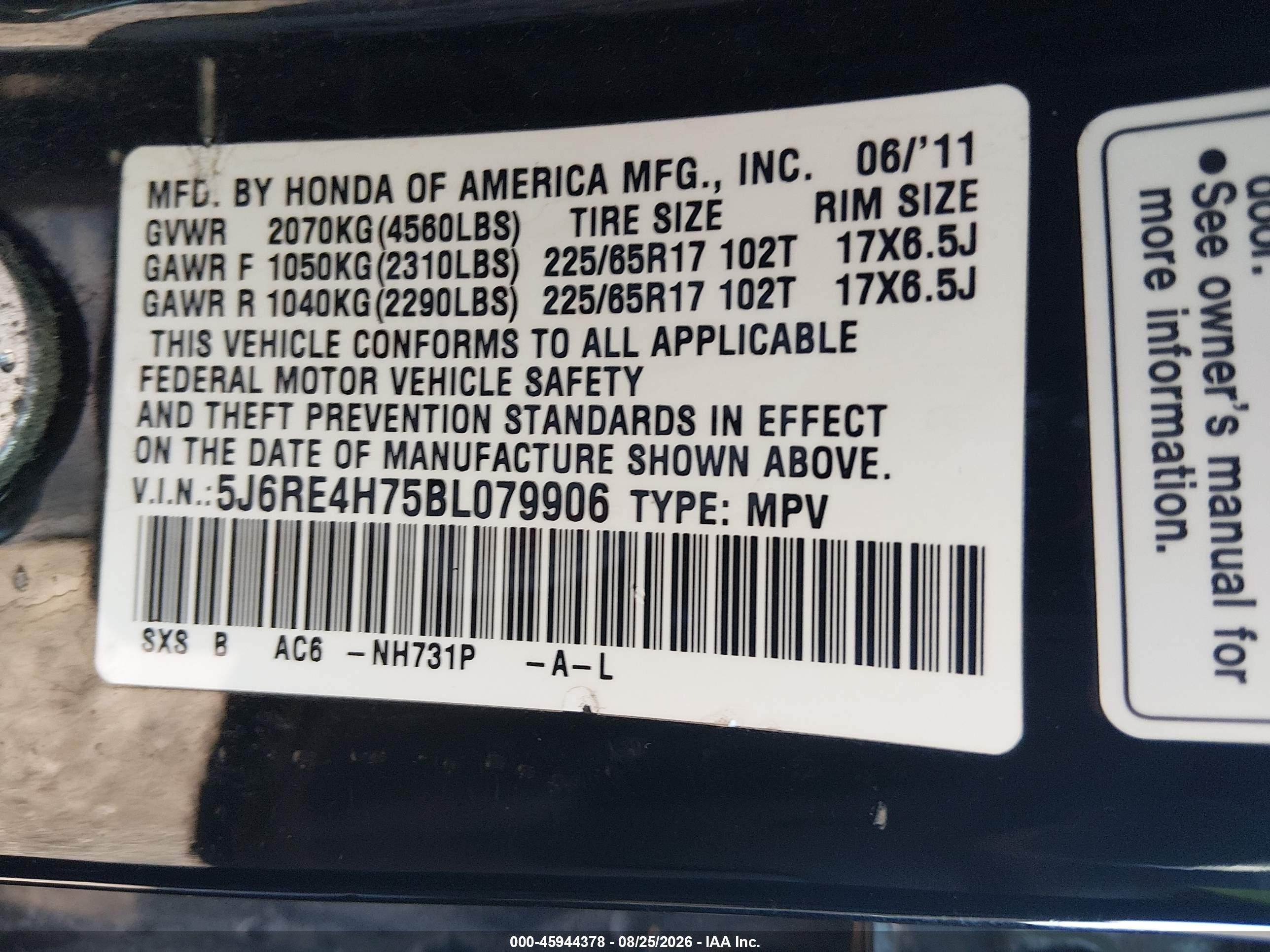 2011 Honda Cr-v Ex-l Black vin: 5J6RE4H75BL079906