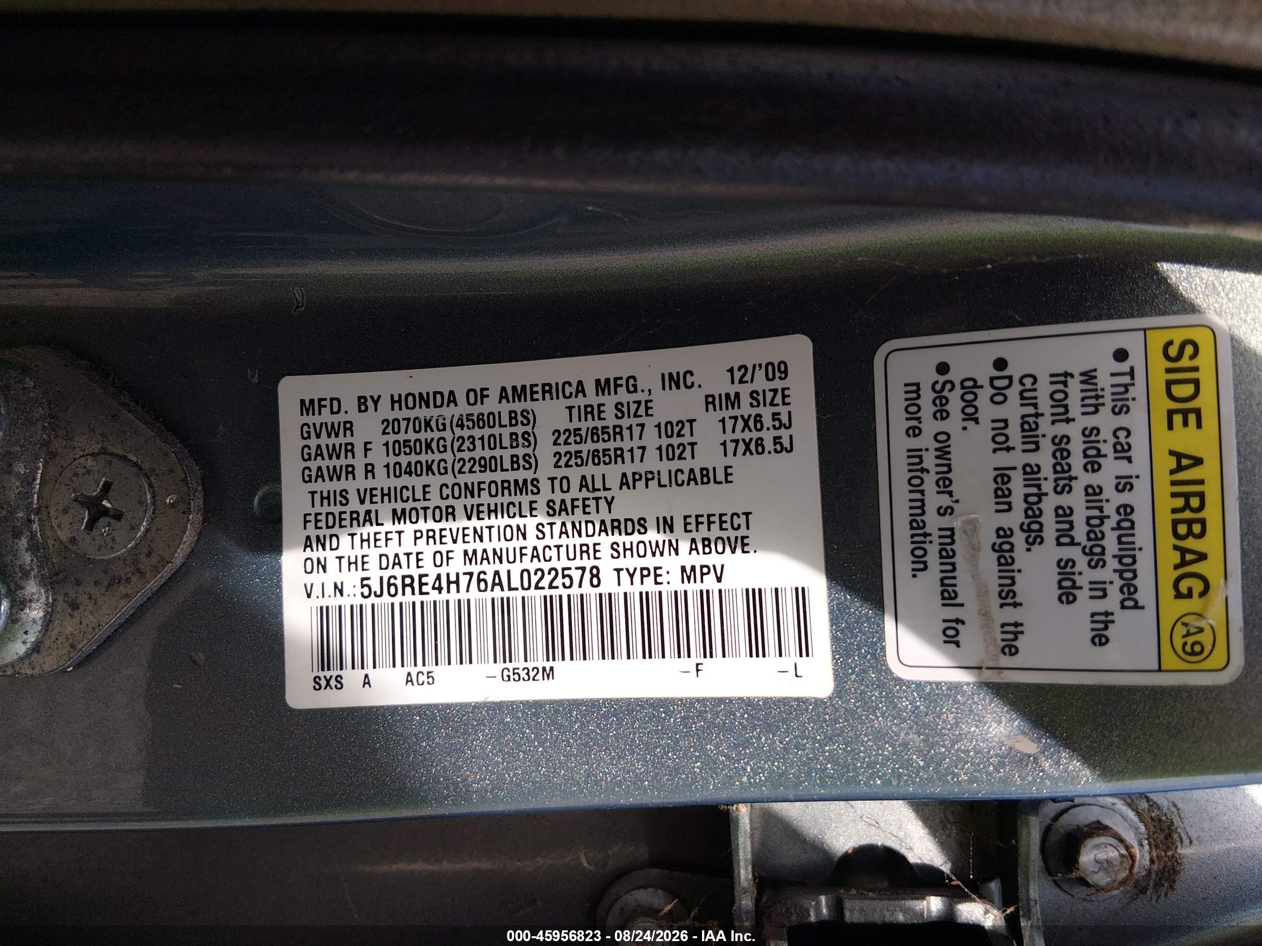 2010 Honda Cr-v Ex-l Blue vin: 5J6RE4H76AL022578