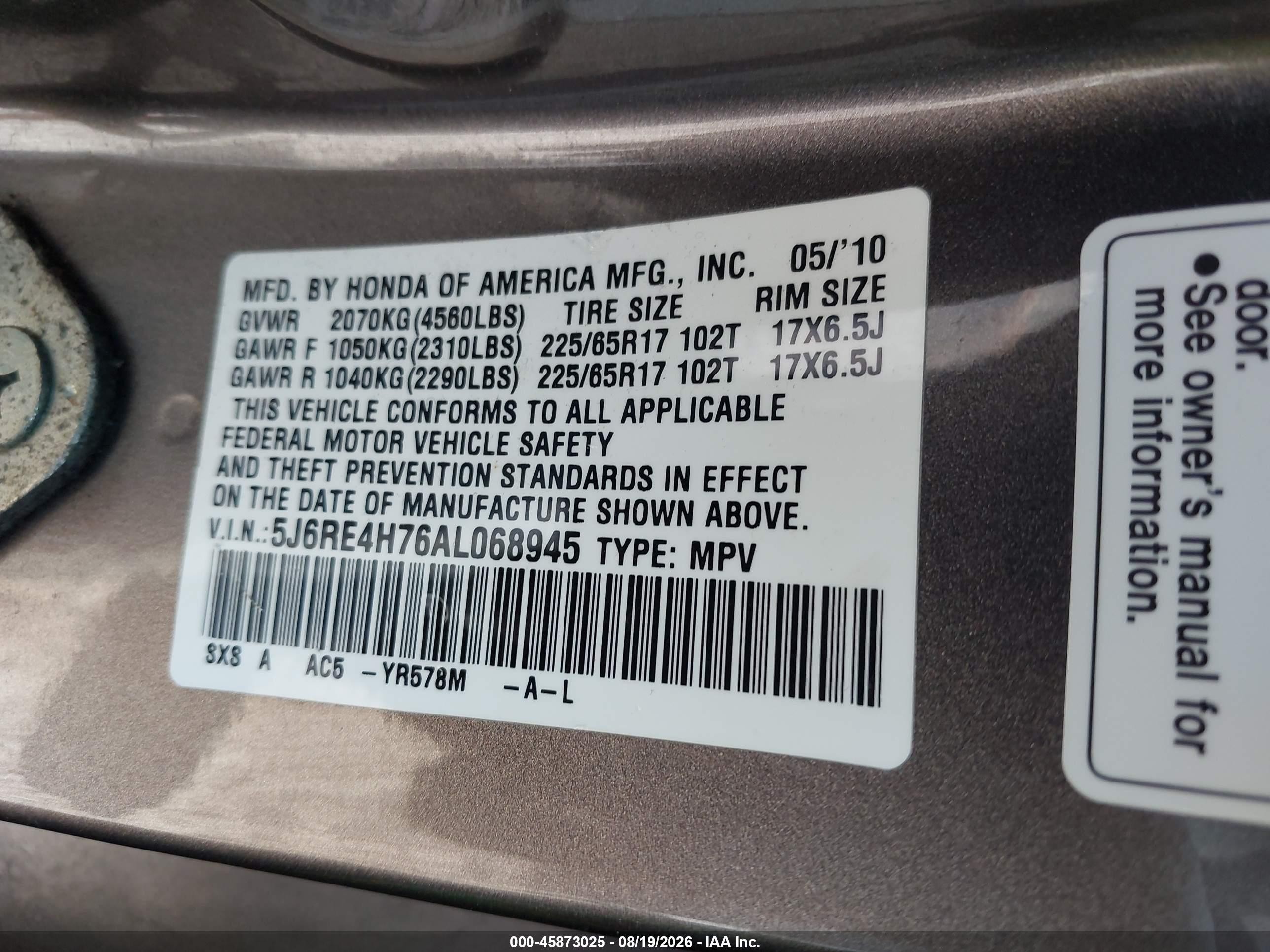 2010 Honda Cr-v Ex-l Gray vin: 5J6RE4H76AL068945