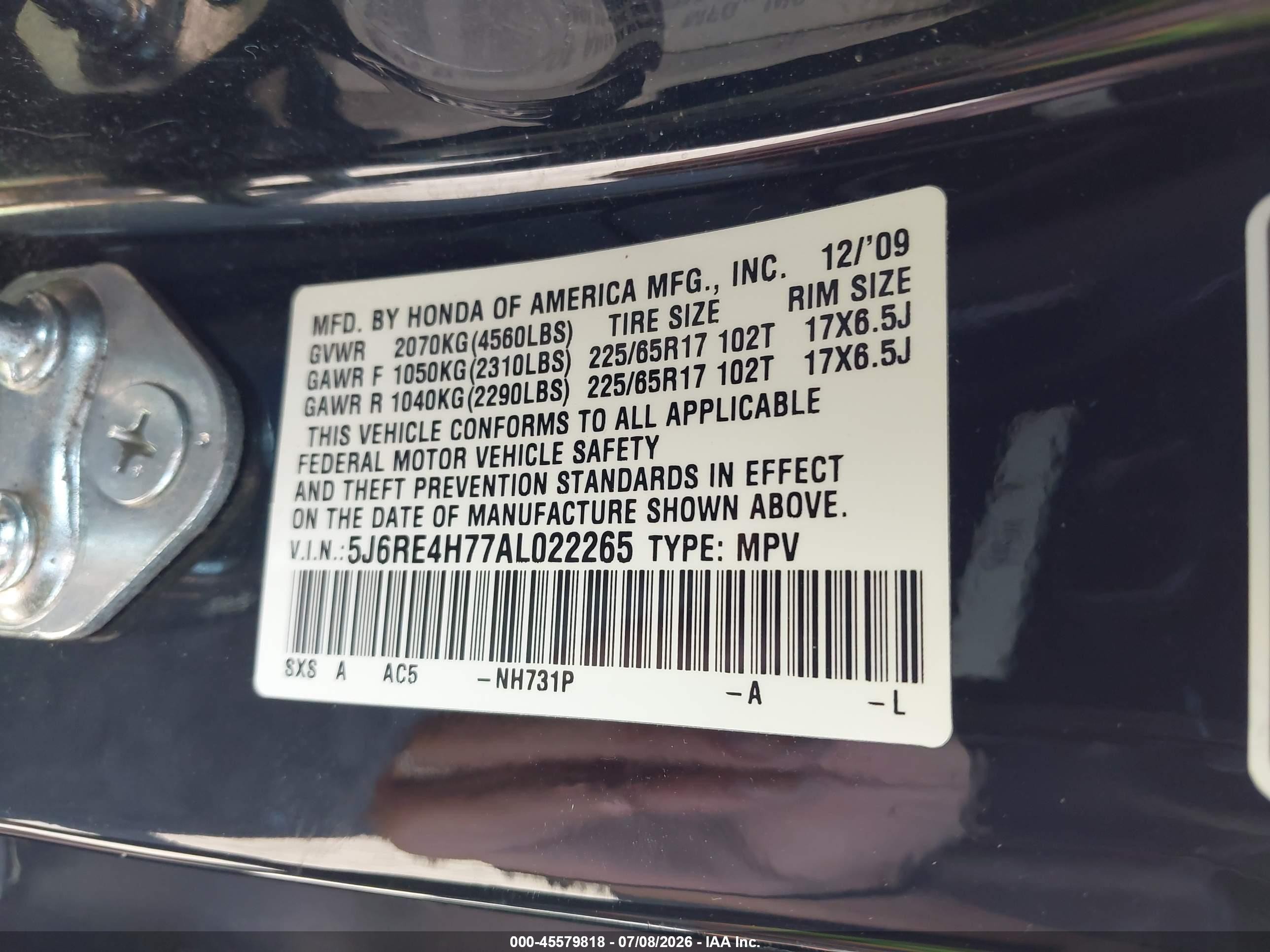 2010 Honda Cr-v Ex-l Black vin: 5J6RE4H77AL022265