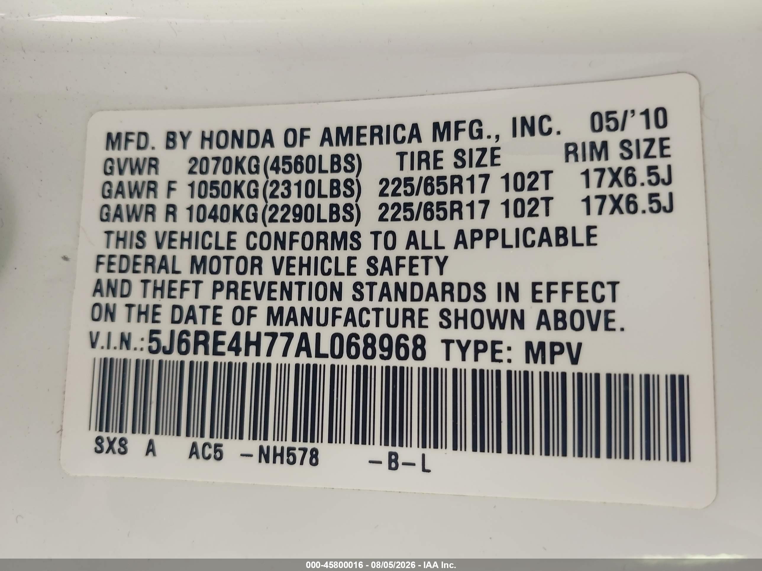 2010 Honda Cr-v Ex-l White vin: 5J6RE4H77AL068968