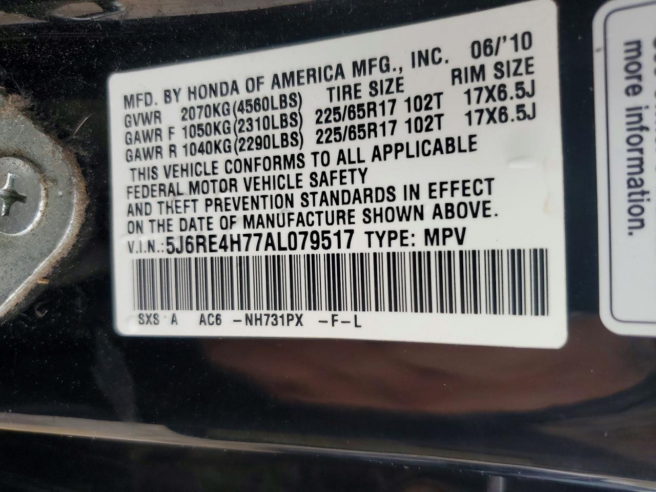 2010 Honda Cr-v Exl Black vin: 5J6RE4H77AL079517