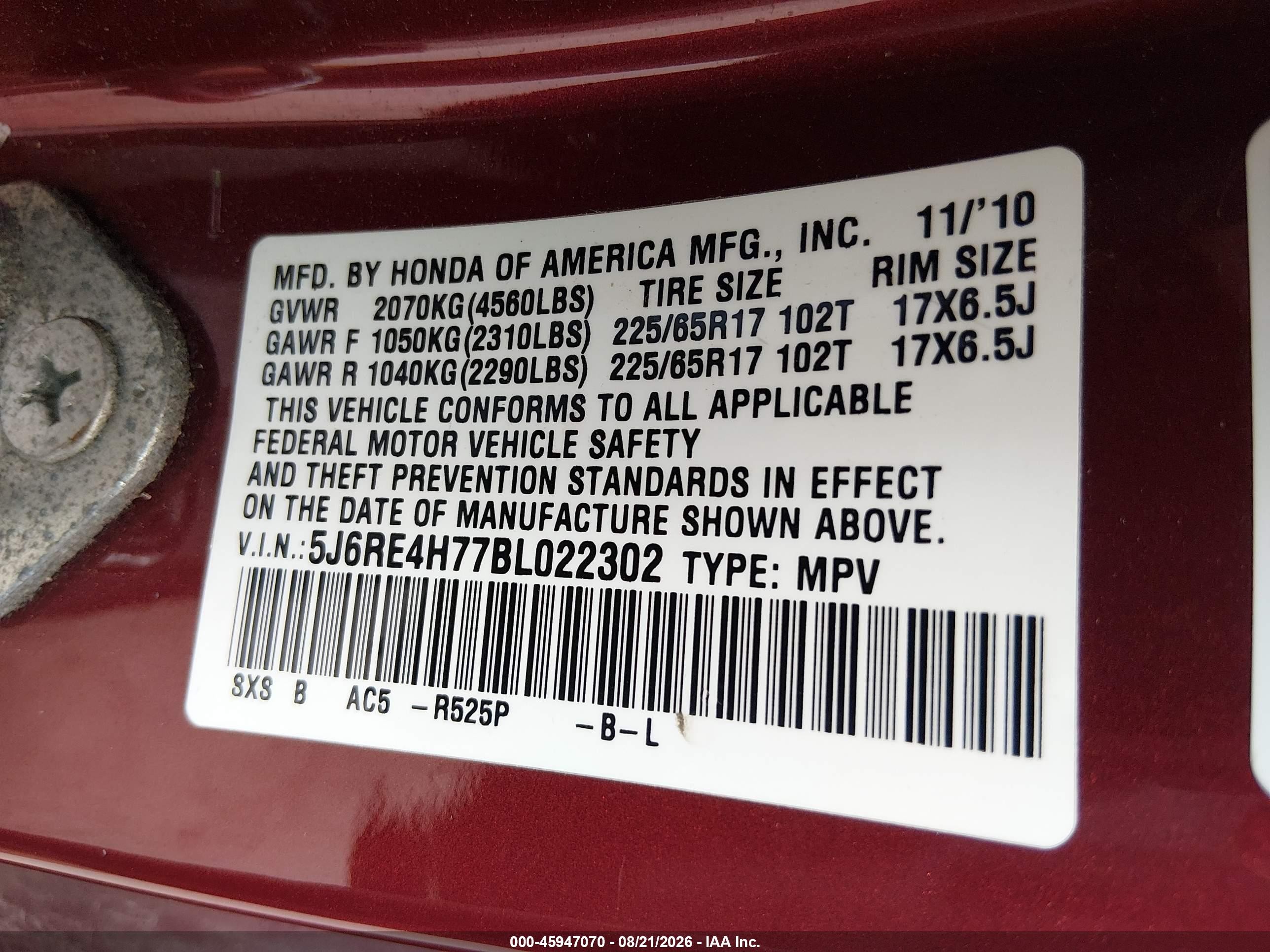 2011 Honda Cr-v Ex-l Red vin: 5J6RE4H77BL022302