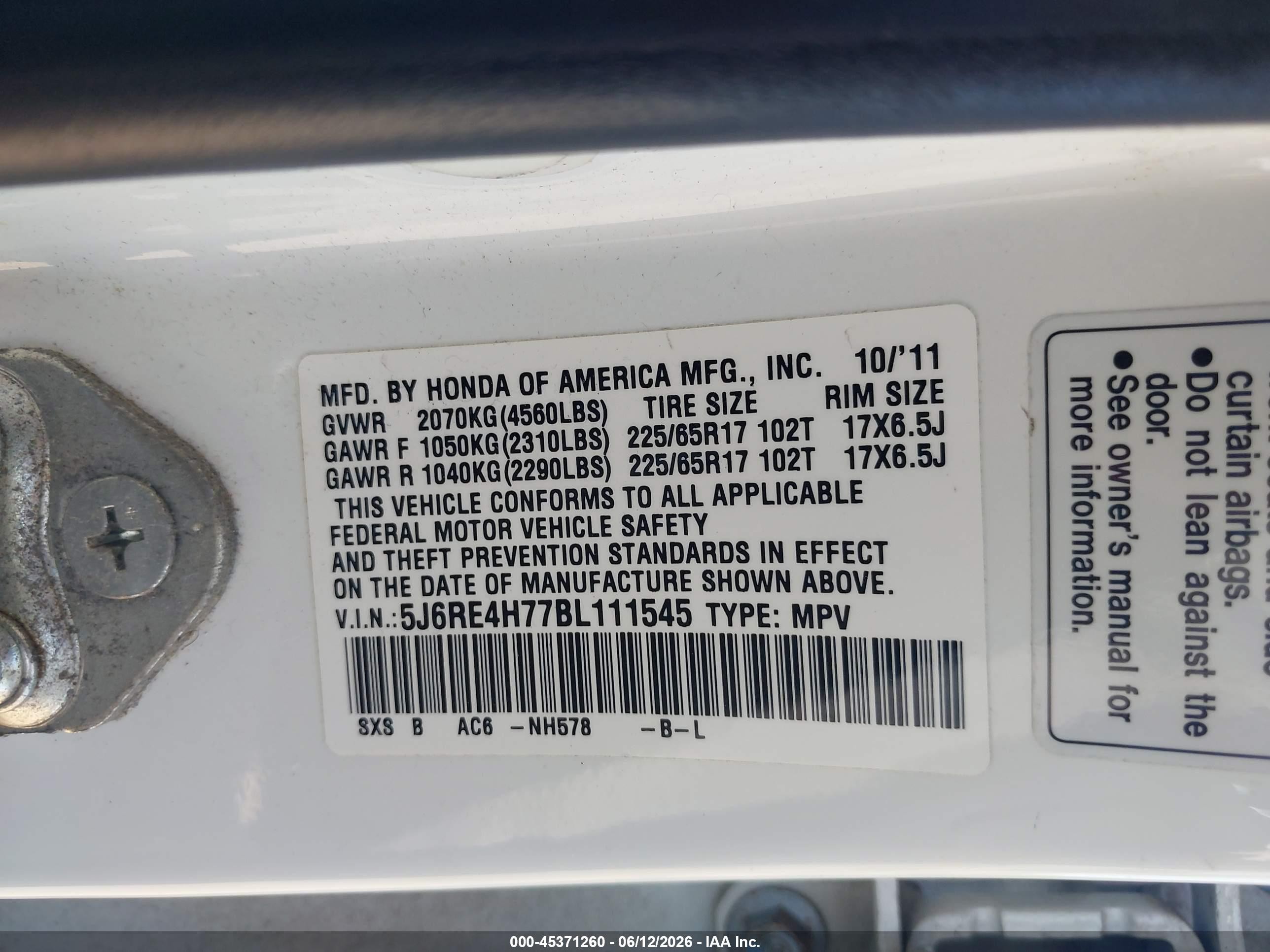 2011 Honda Cr-v Ex-l White vin: 5J6RE4H77BL111545