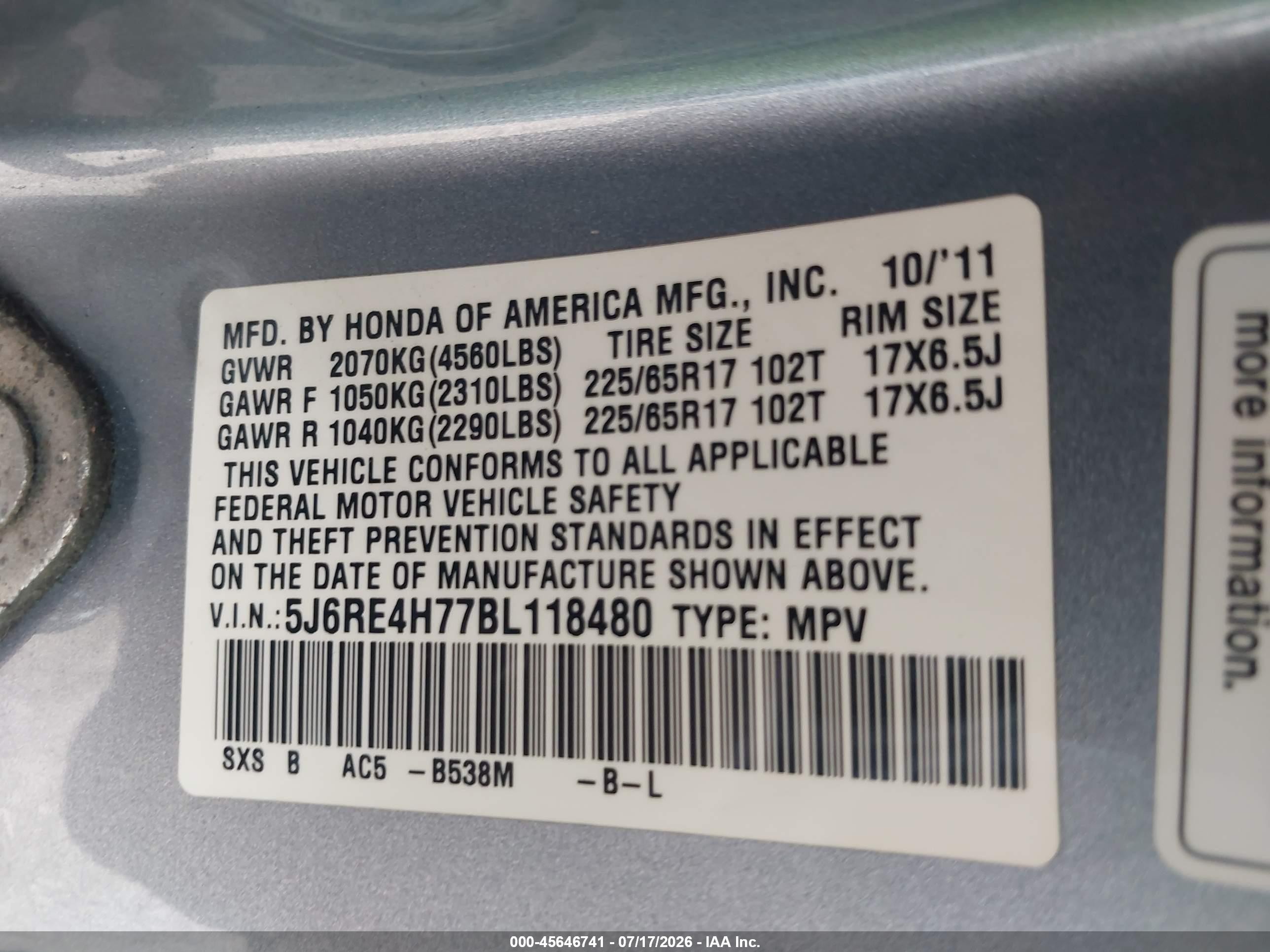 2011 Honda Cr-v Ex-l Light Blue vin: 5J6RE4H77BL118480