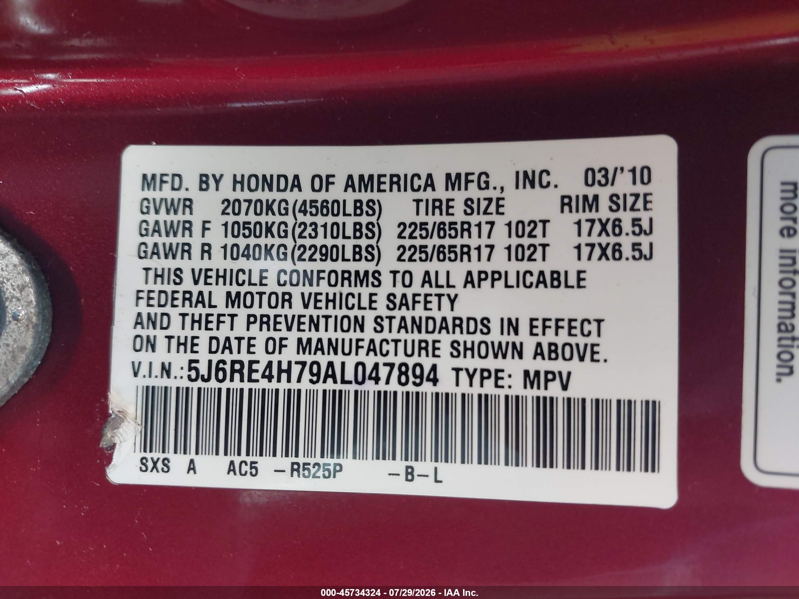 2010 Honda Cr-v Ex-l Red vin: 5J6RE4H79AL047894