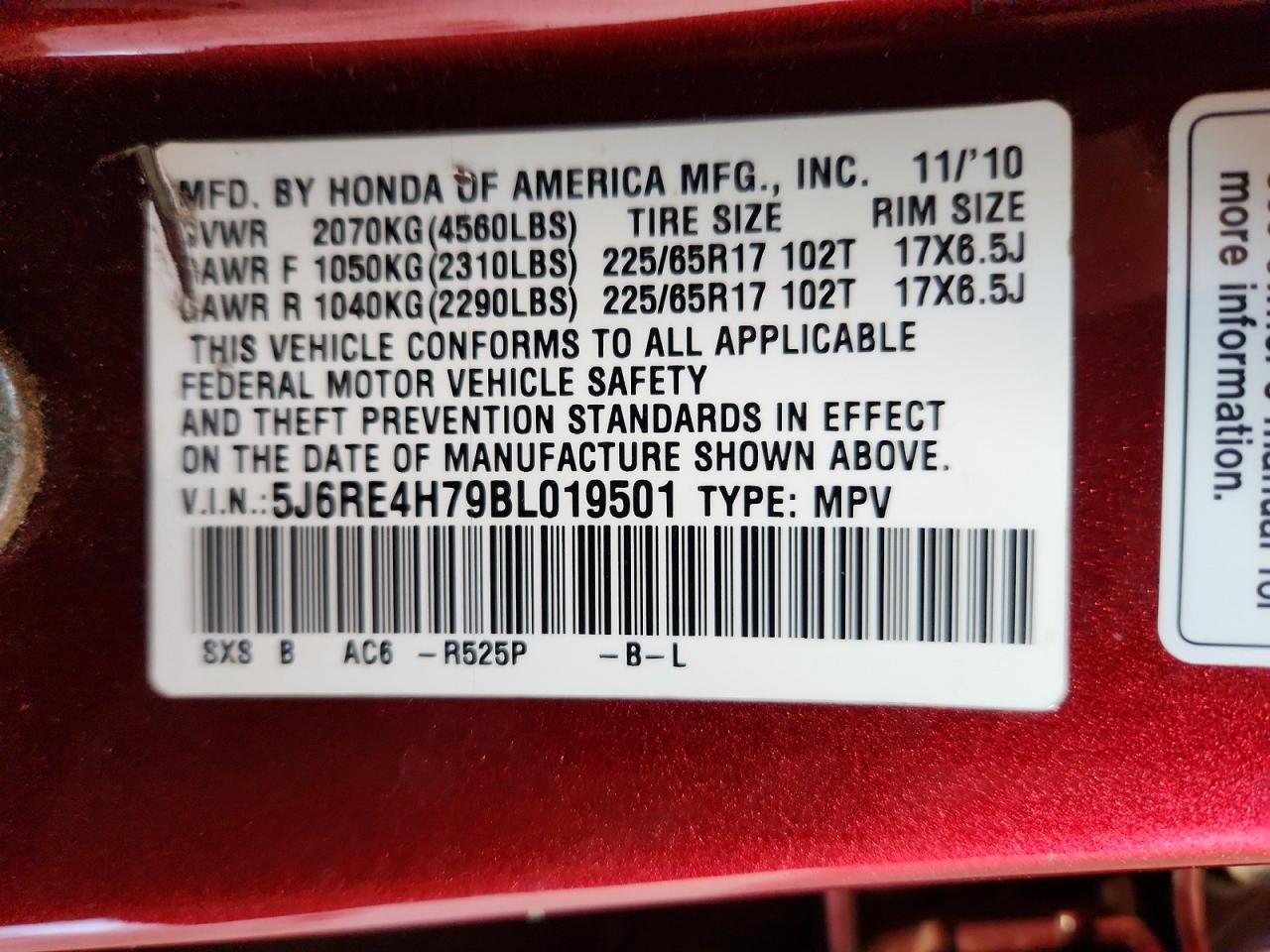 2011 Honda Cr-v Exl Red vin: 5J6RE4H79BL019501