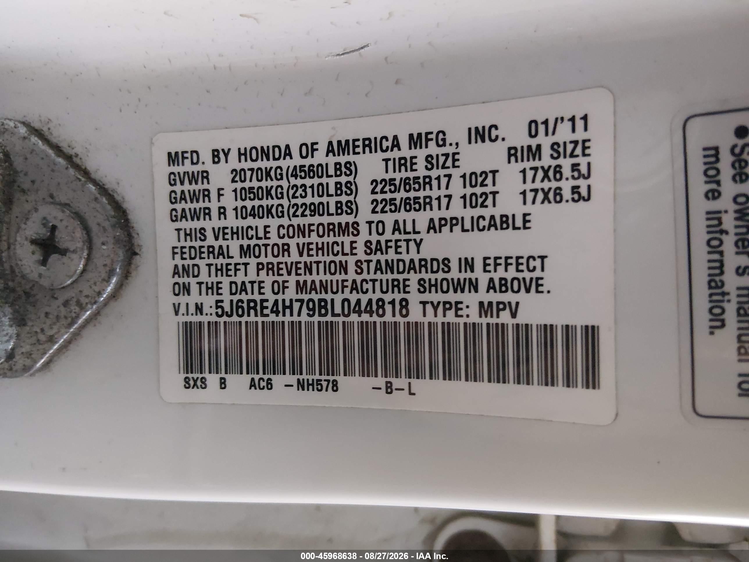 2011 Honda Cr-v Ex-l White vin: 5J6RE4H79BL044818