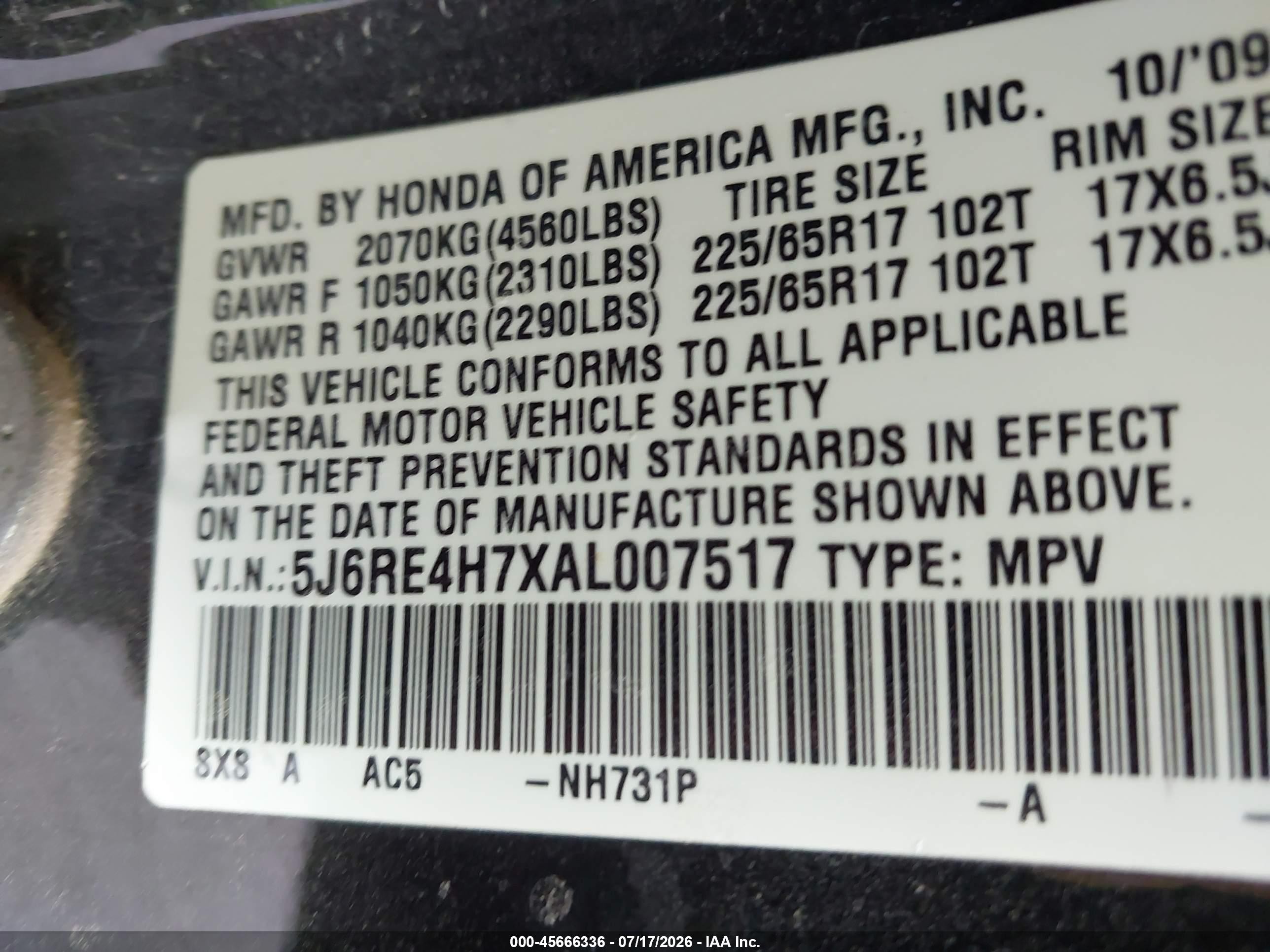 2010 Honda Cr-v Ex-l Black vin: 5J6RE4H7XAL007517