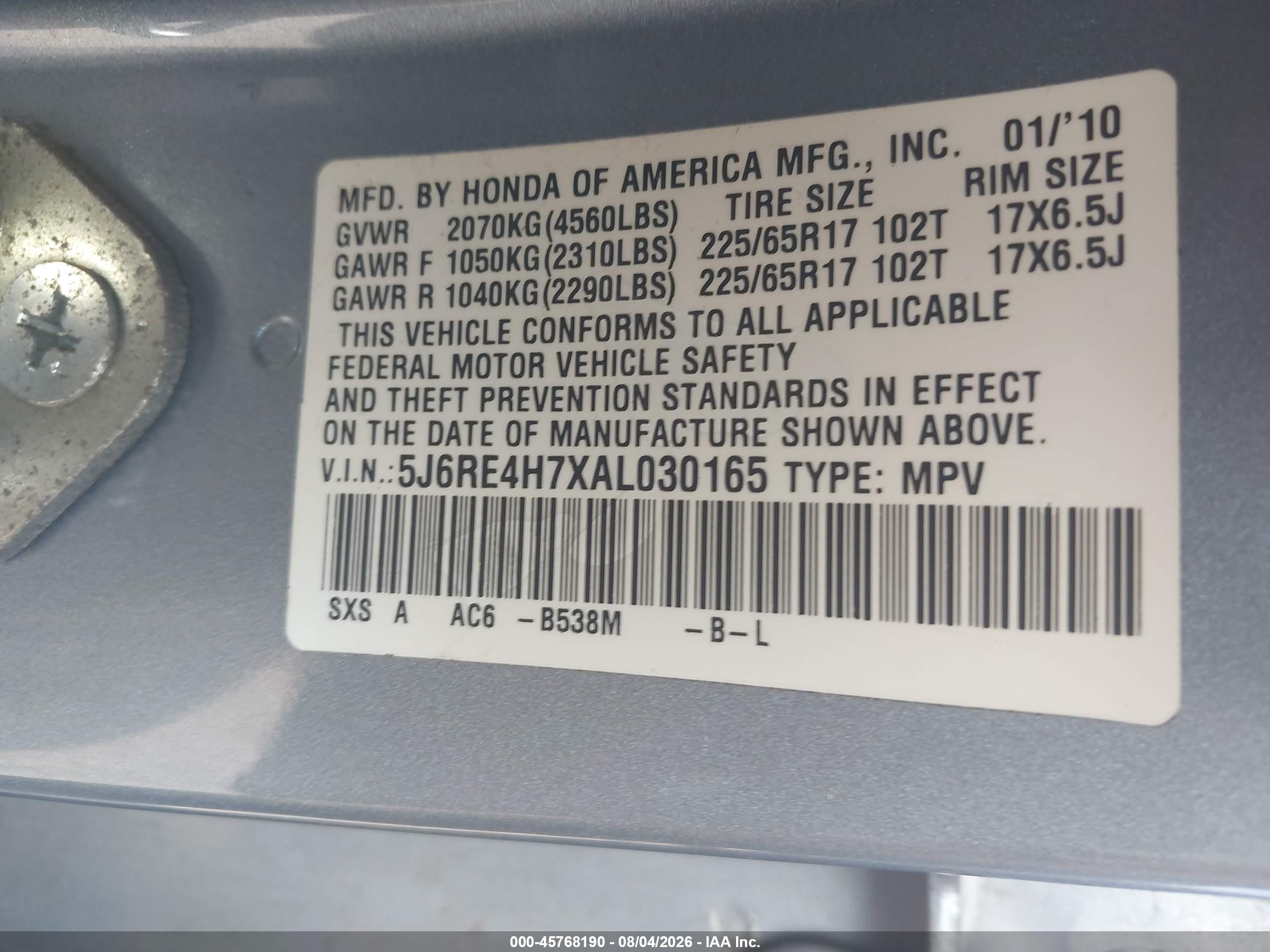 2010 Honda Cr-v Ex-l Blue vin: 5J6RE4H7XAL030165
