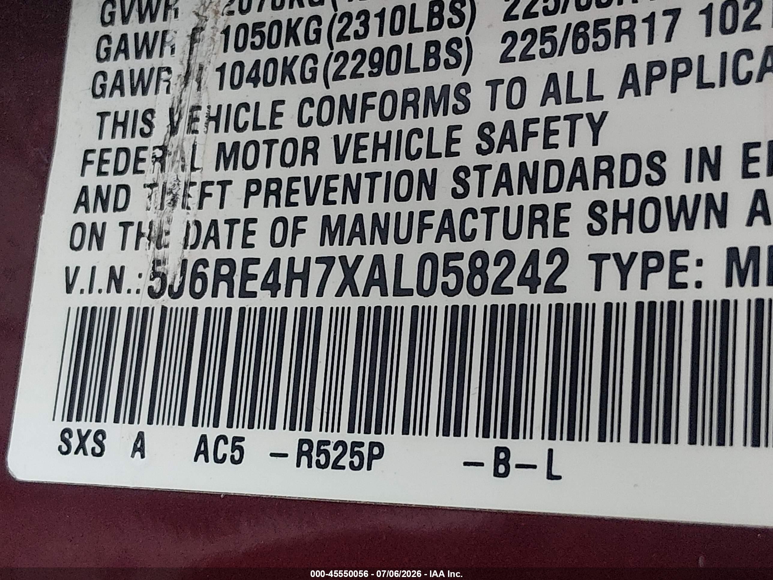 2010 Honda Cr-v Ex-l Burgundy vin: 5J6RE4H7XAL058242