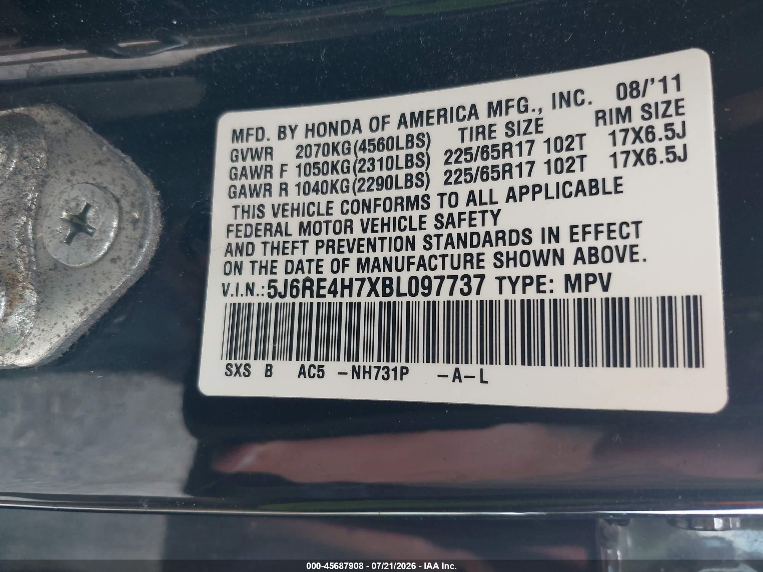2011 Honda Cr-v Ex-l Black vin: 5J6RE4H7XBL097737