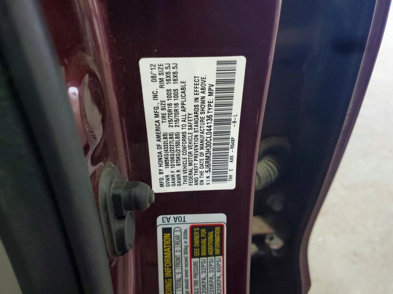 2012 Honda Cr-v Lx Burgundy vin: 5J6RM3H30CL044136