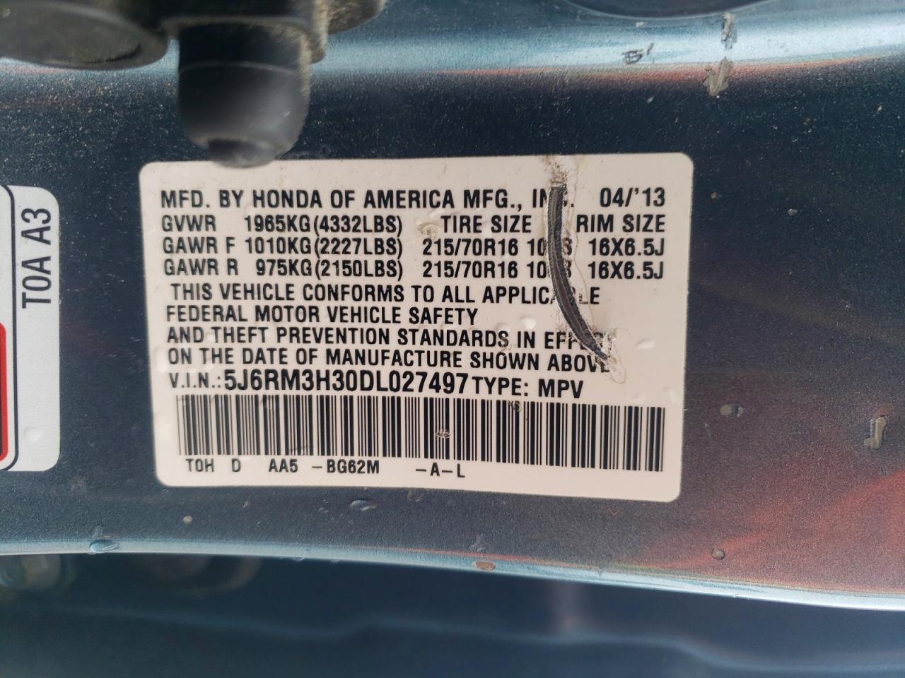 2013 Honda Cr-v Lx Blue vin: 5J6RM3H30DL027497