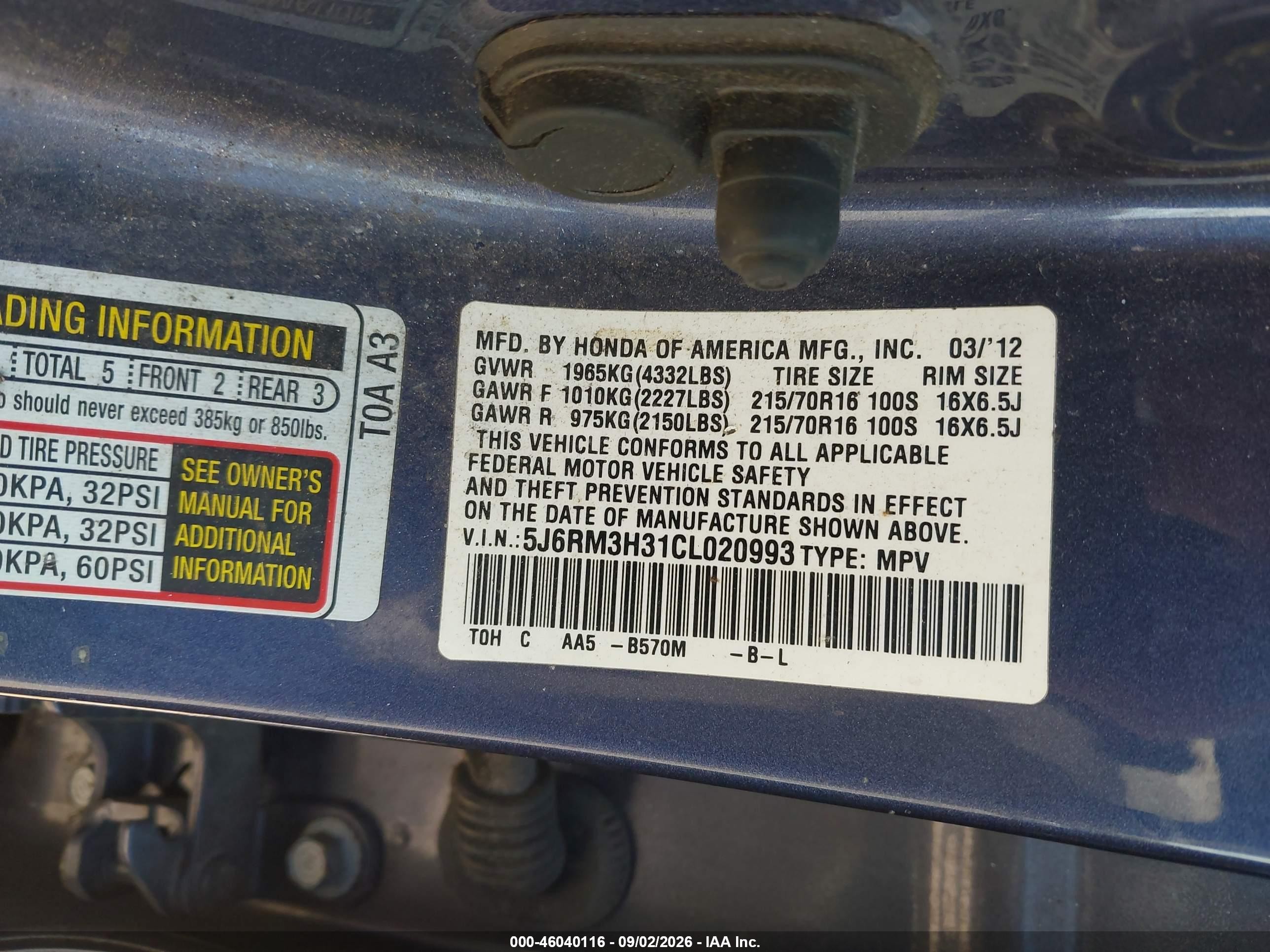 2012 Honda Cr-v Lx Blue vin: 5J6RM3H31CL020993