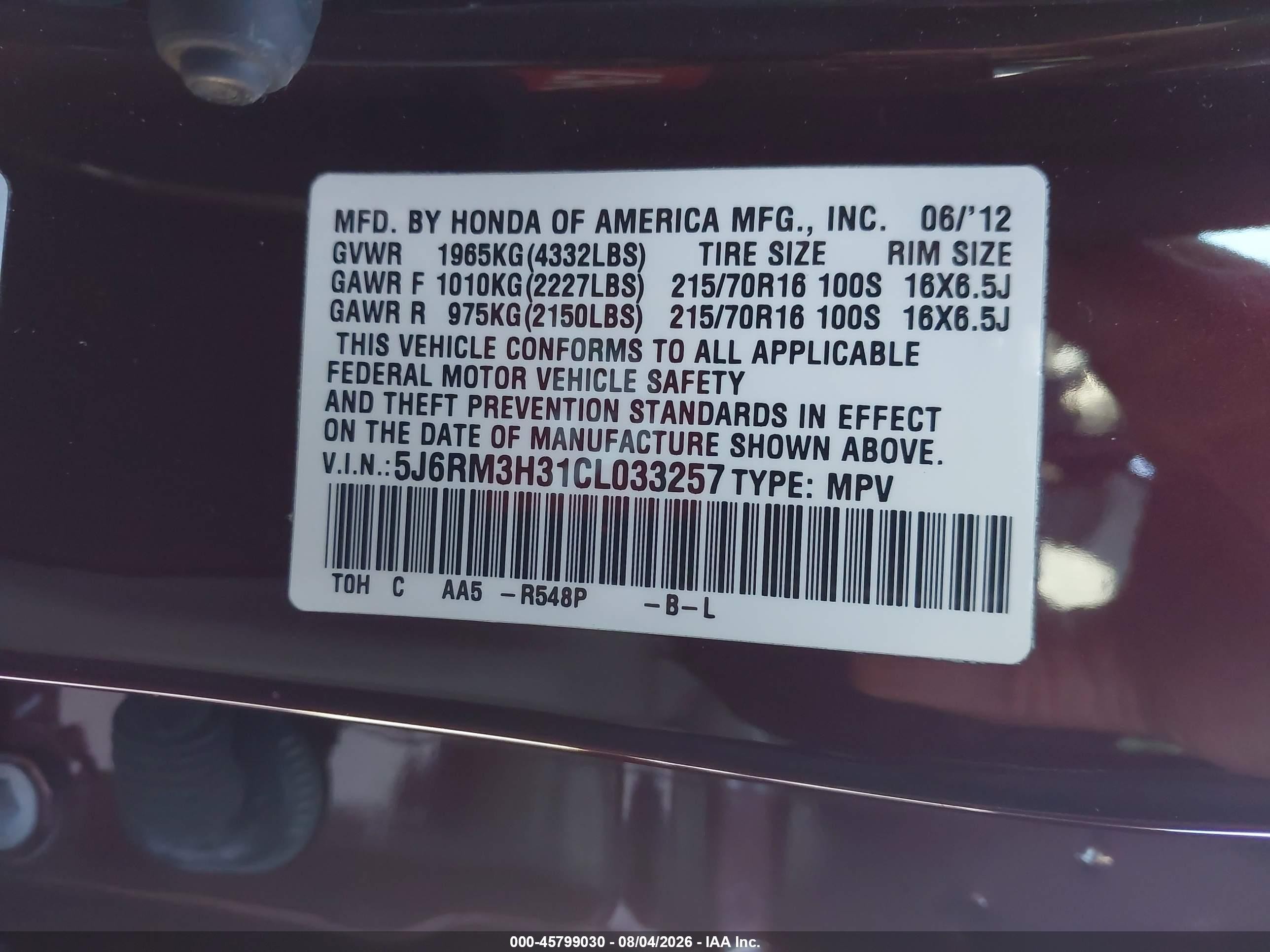 2012 Honda Cr-v Lx Бордовый vin: 5J6RM3H31CL033257