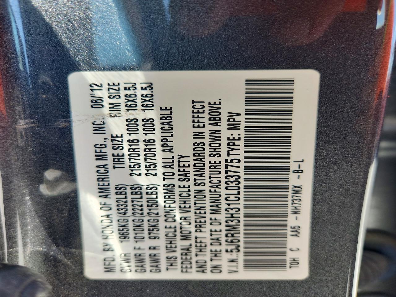 2012 Honda Cr-v Lx Gray vin: 5J6RM3H31CL033775