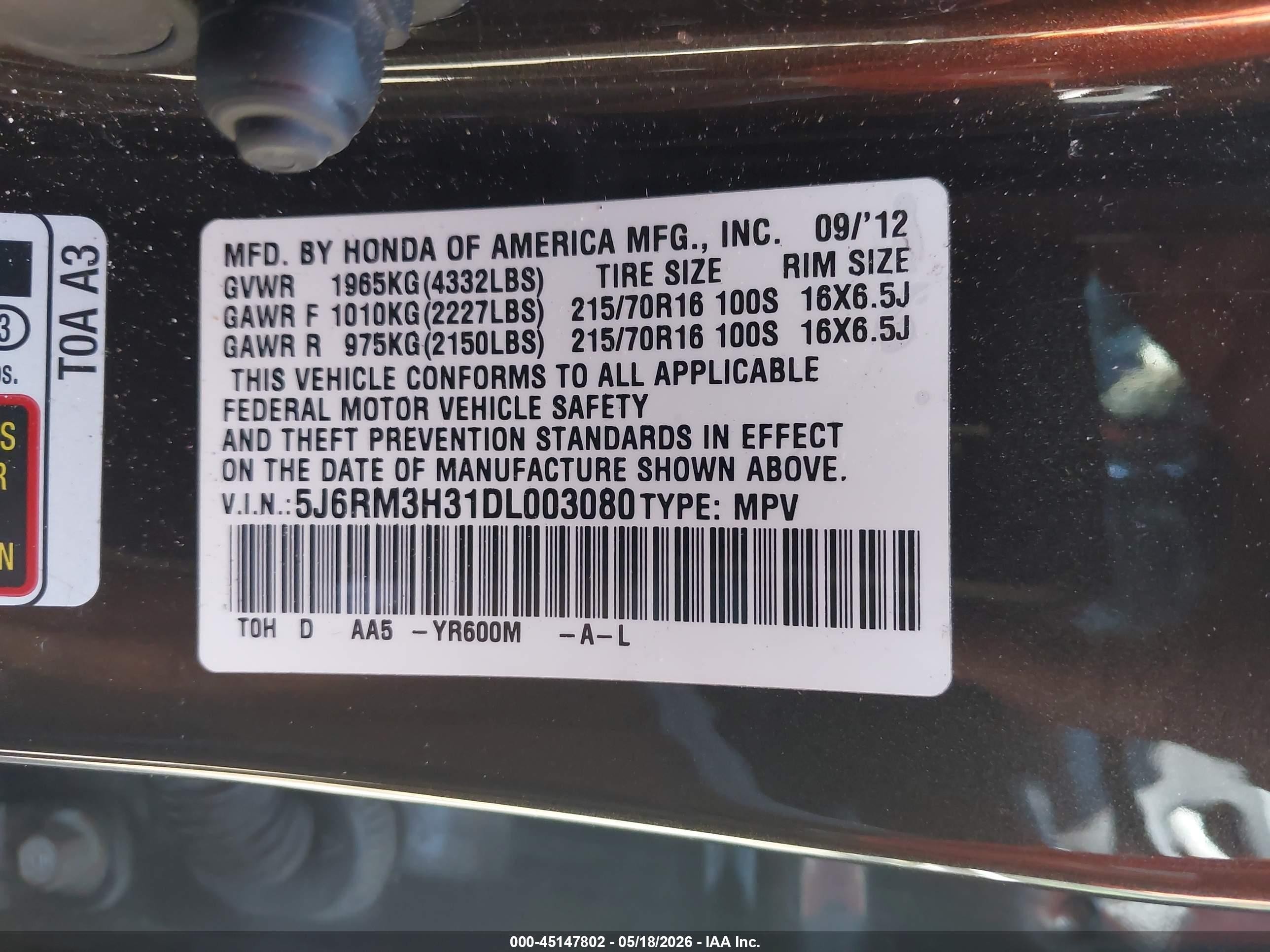 2013 Honda Cr-v Lx Black vin: 5J6RM3H31DL003080