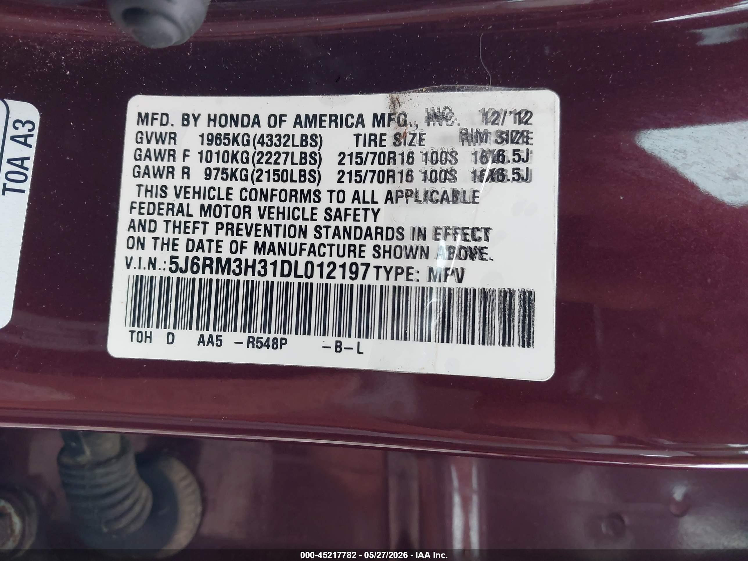2013 Honda Cr-v Lx Maroon vin: 5J6RM3H31DL012197