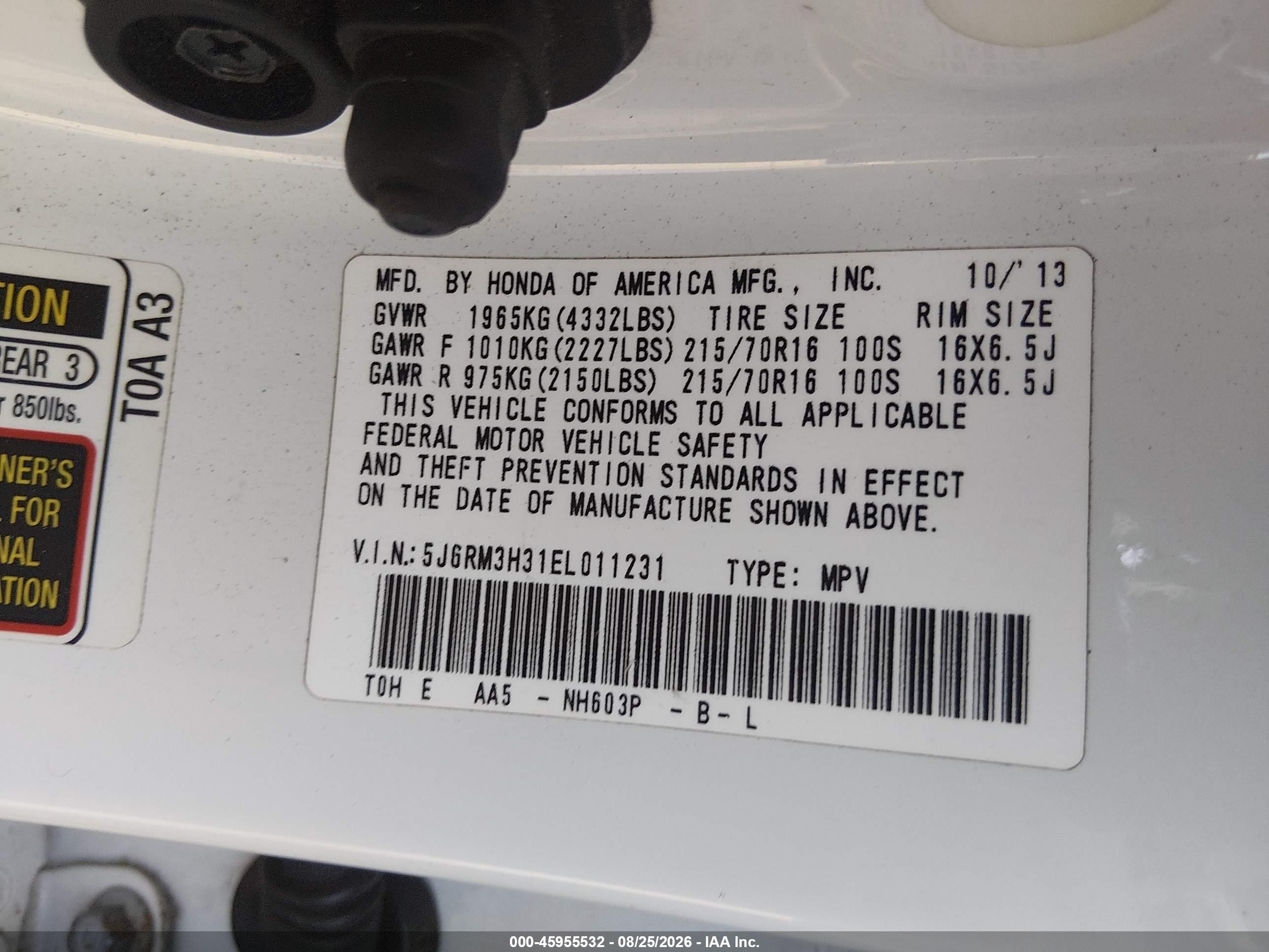 2014 Honda Cr-v Lx White vin: 5J6RM3H31EL011231