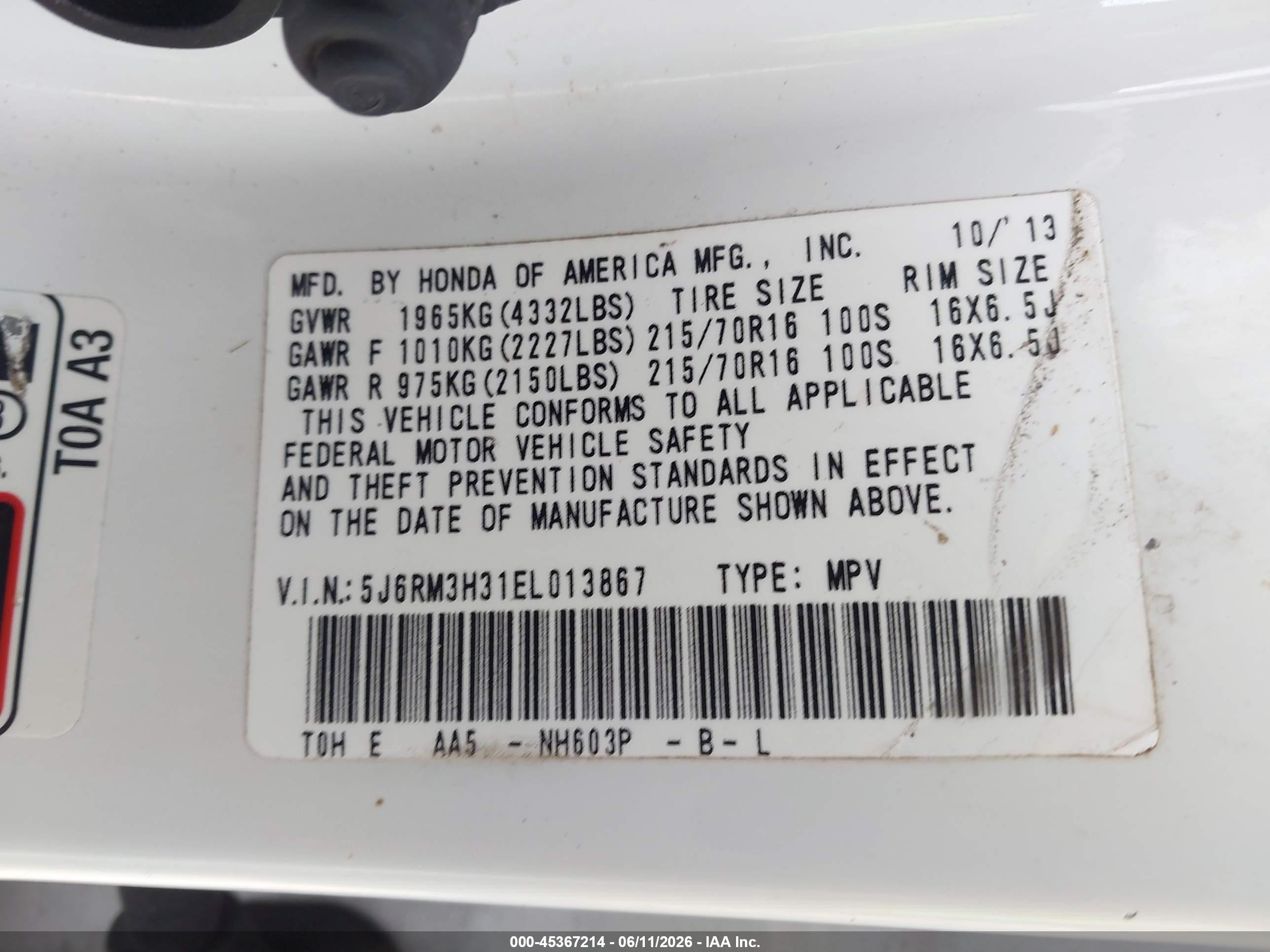 2014 Honda Cr-v Lx White vin: 5J6RM3H31EL013867