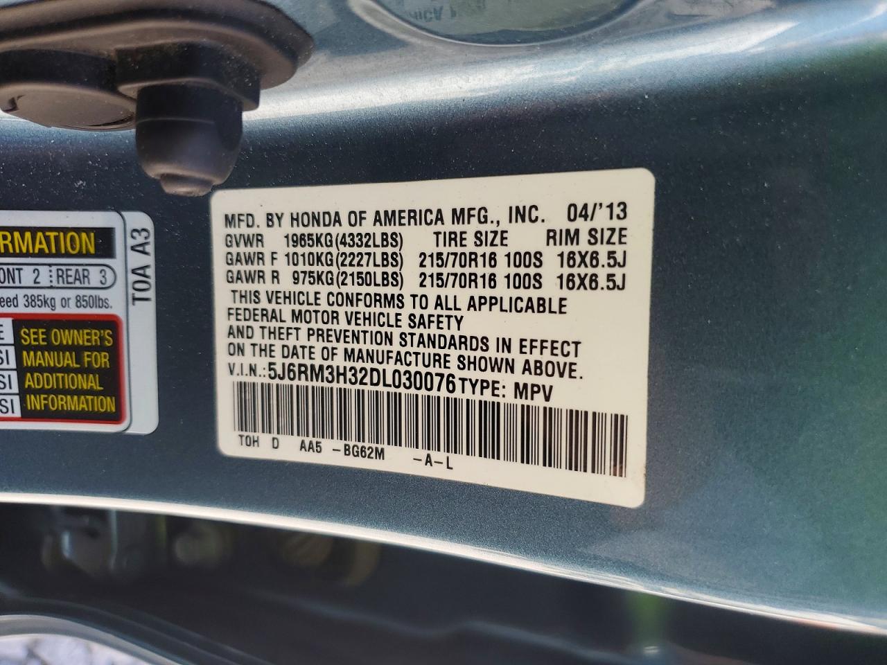 2013 Honda Cr-v Lx Gray vin: 5J6RM3H32DL030076