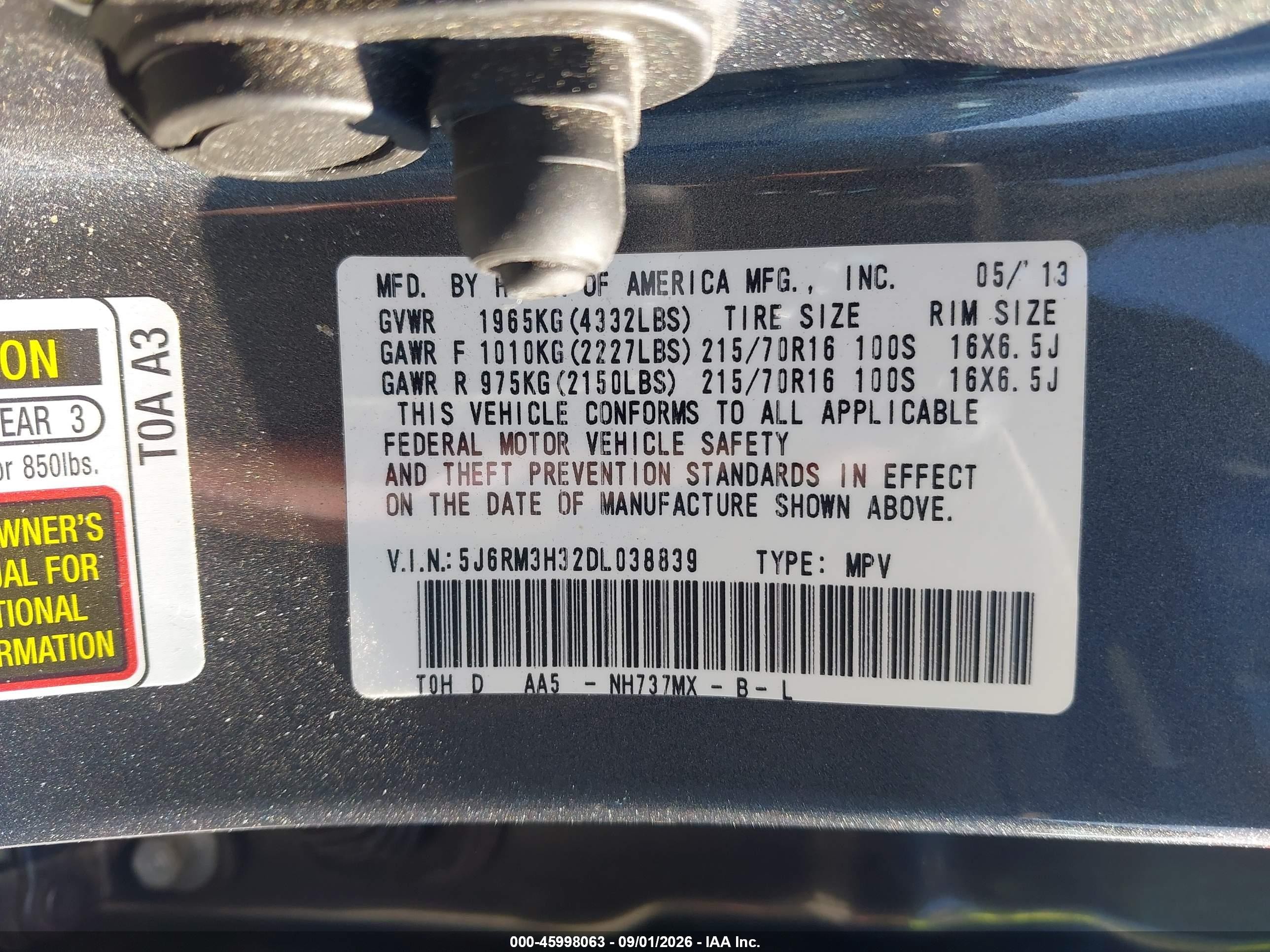 2013 Honda Cr-v Lx Gray vin: 5J6RM3H32DL038839