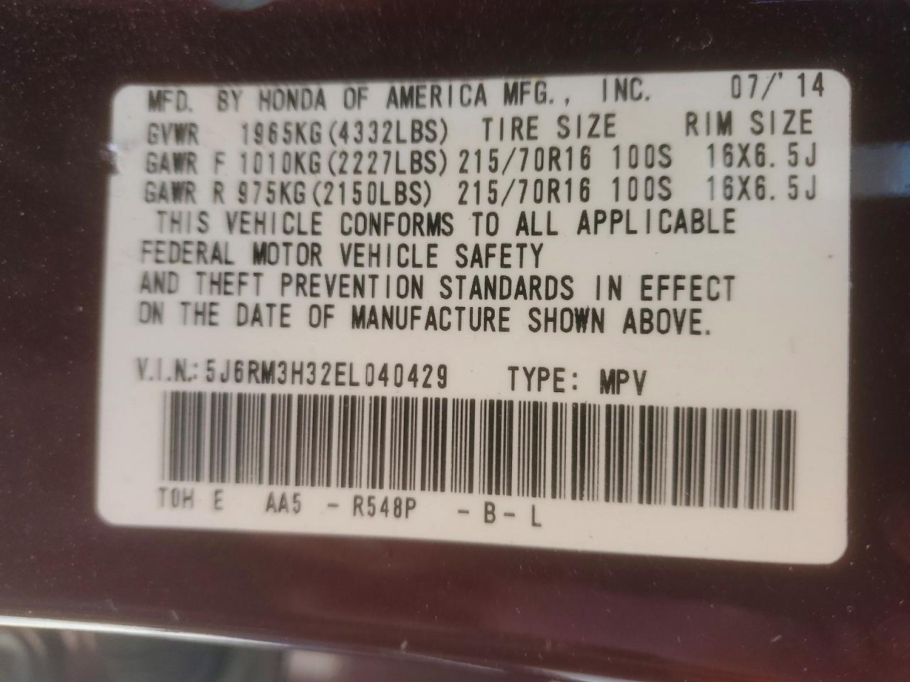 2014 Honda Cr-v Lx Maroon vin: 5J6RM3H32EL040429