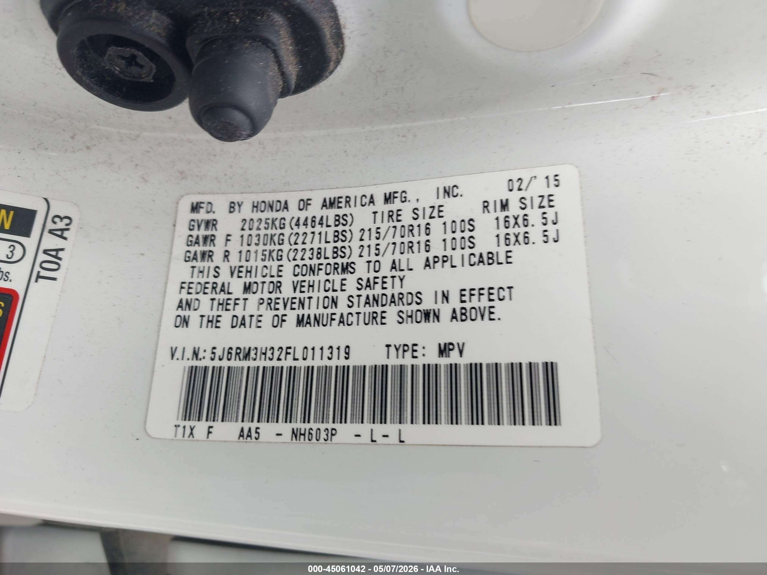 2015 Honda Cr-v Lx White vin: 5J6RM3H32FL011319