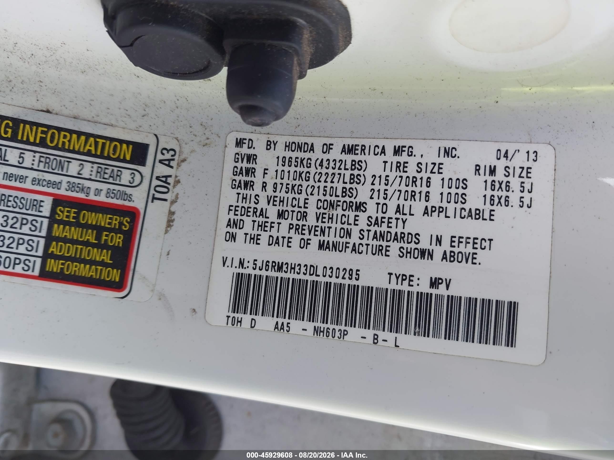 2013 Honda Cr-v Lx White vin: 5J6RM3H33DL030295