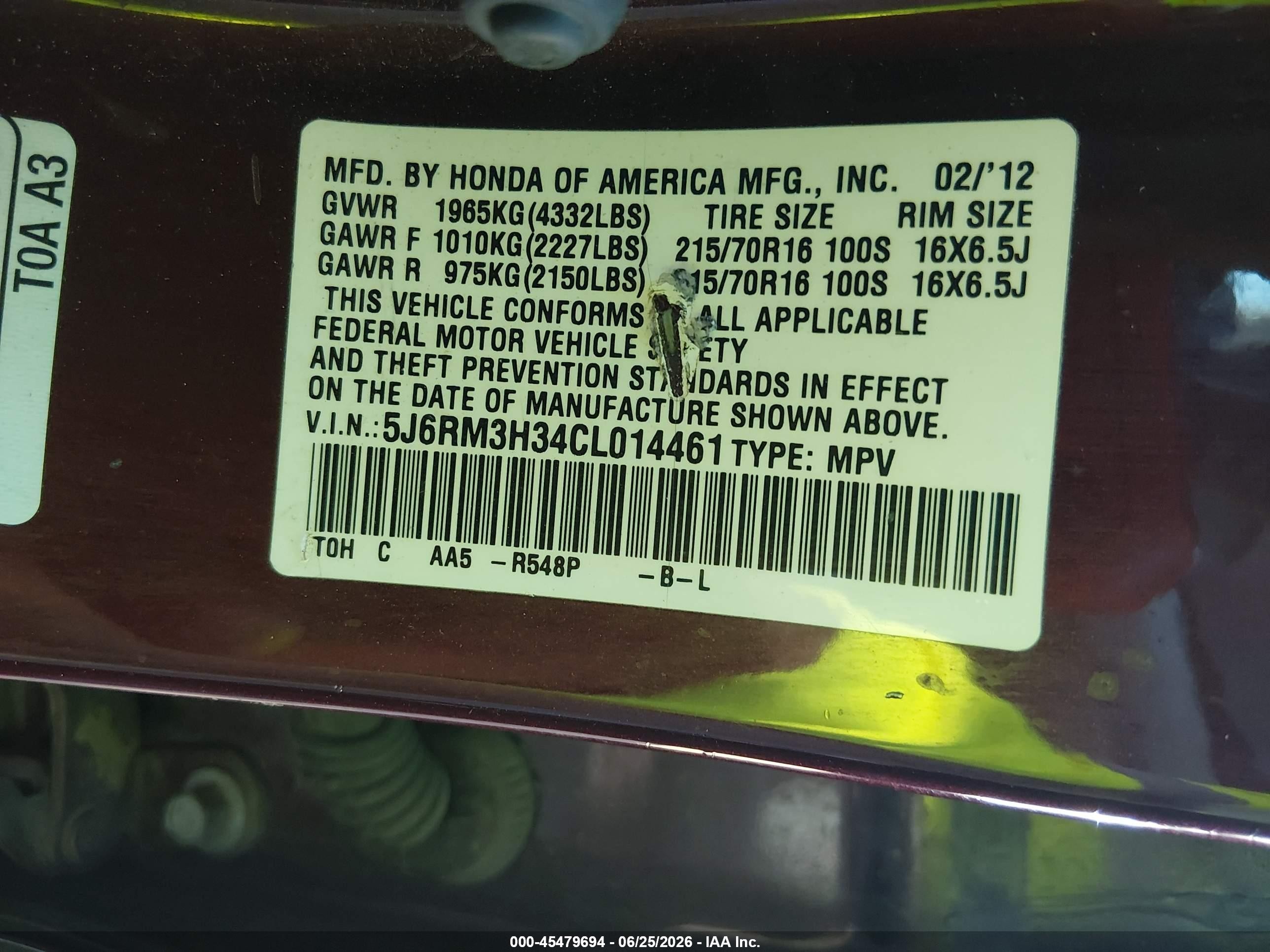 2012 Honda Cr-v Lx Burgundy vin: 5J6RM3H34CL014461