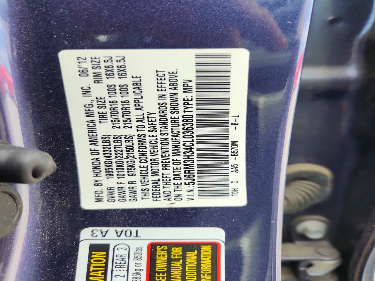 2012 Honda Cr-v Lx Blue vin: 5J6RM3H34CL036380