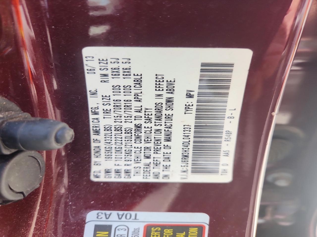 2013 Honda Cr-v Lx Burgundy vin: 5J6RM3H34DL041337