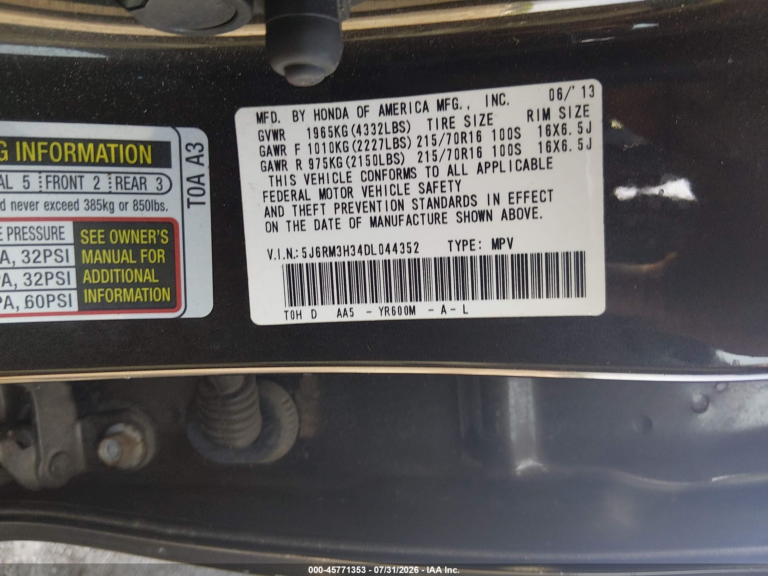 2013 Honda Cr-v Lx Black vin: 5J6RM3H34DL044352