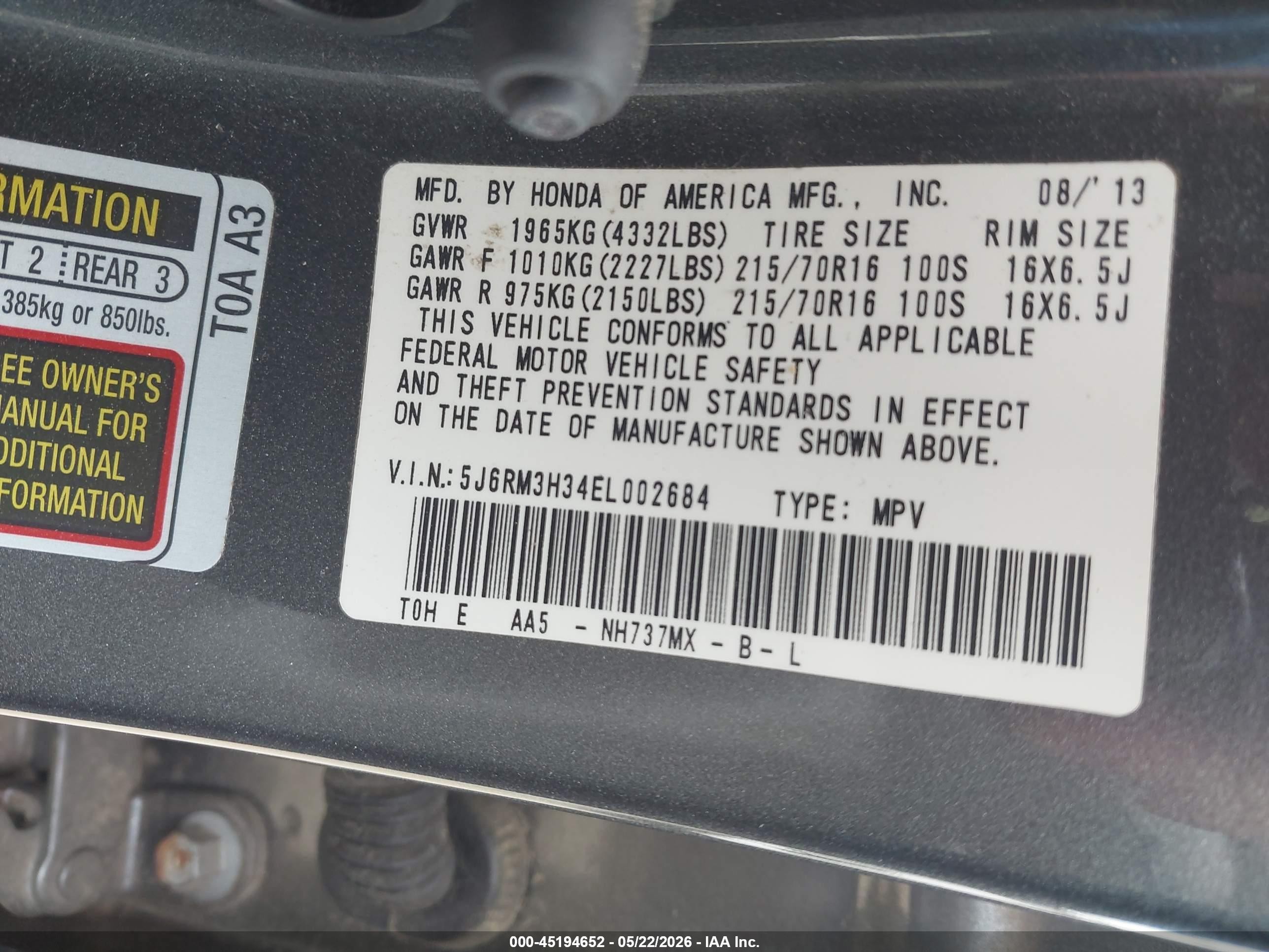 2014 Honda Cr-v Lx Gray vin: 5J6RM3H34EL002684