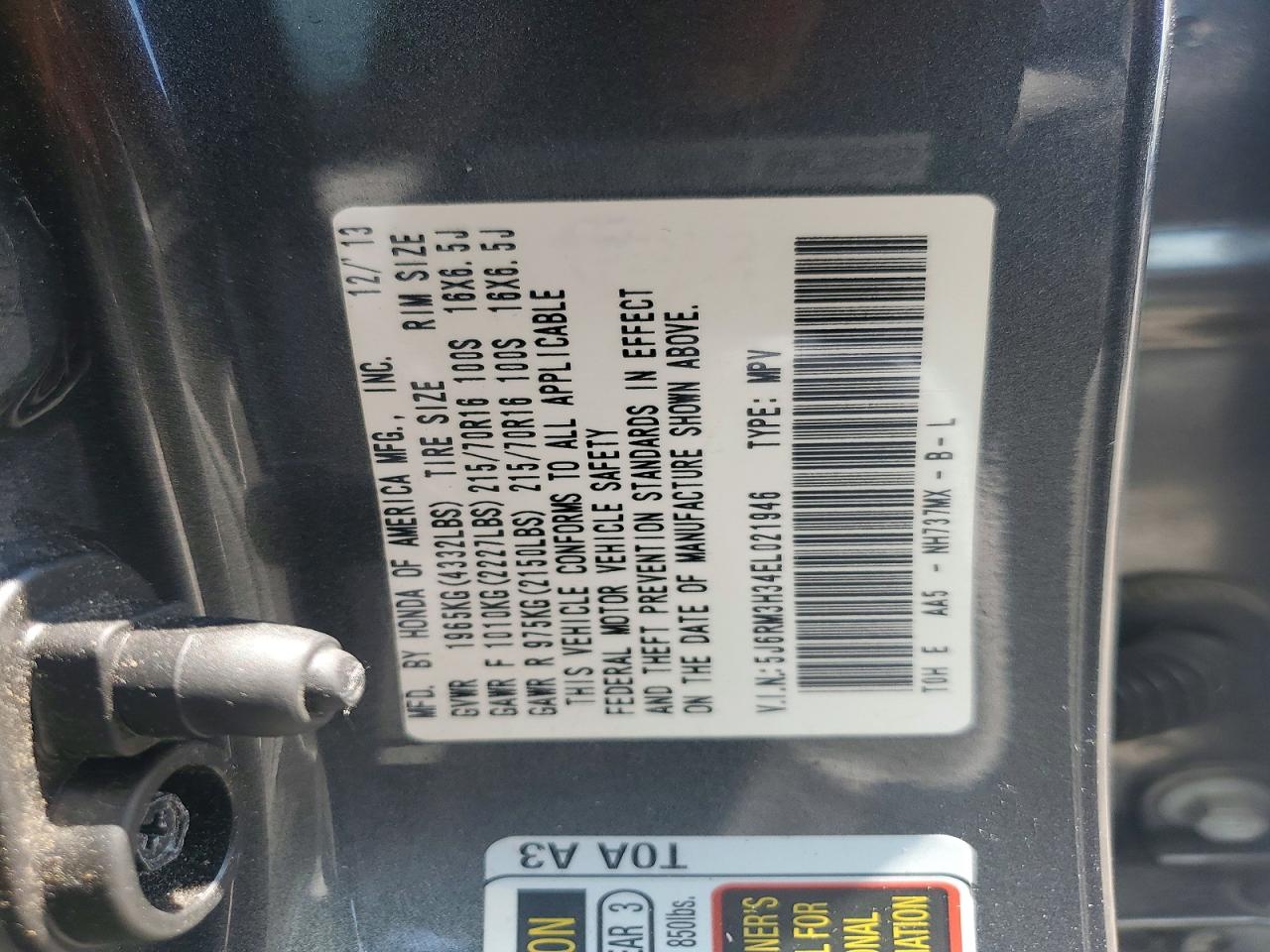 2014 Honda Cr-v Lx Charcoal vin: 5J6RM3H34EL021946