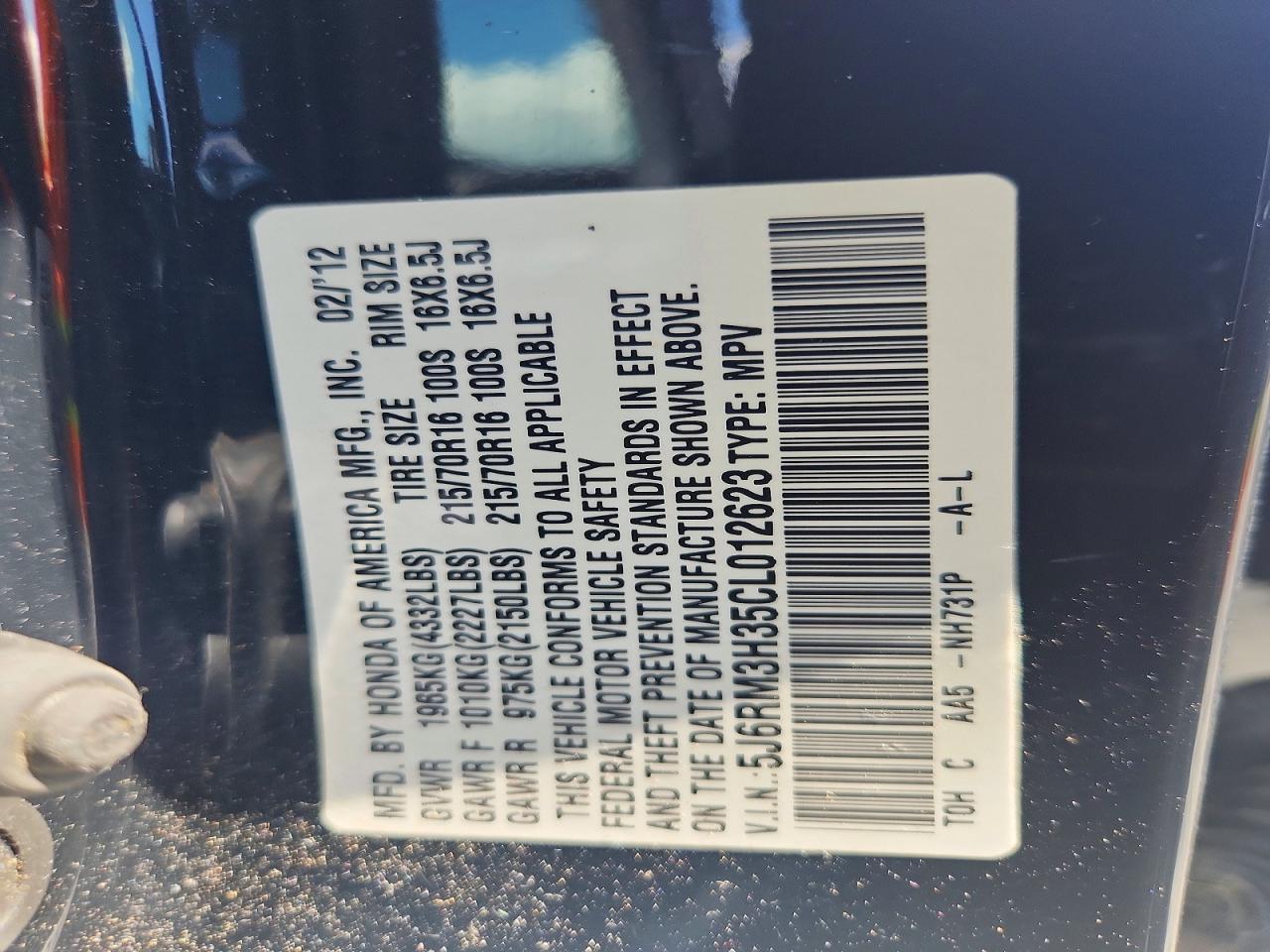 2012 Honda Cr-v Lx Black vin: 5J6RM3H35CL012623