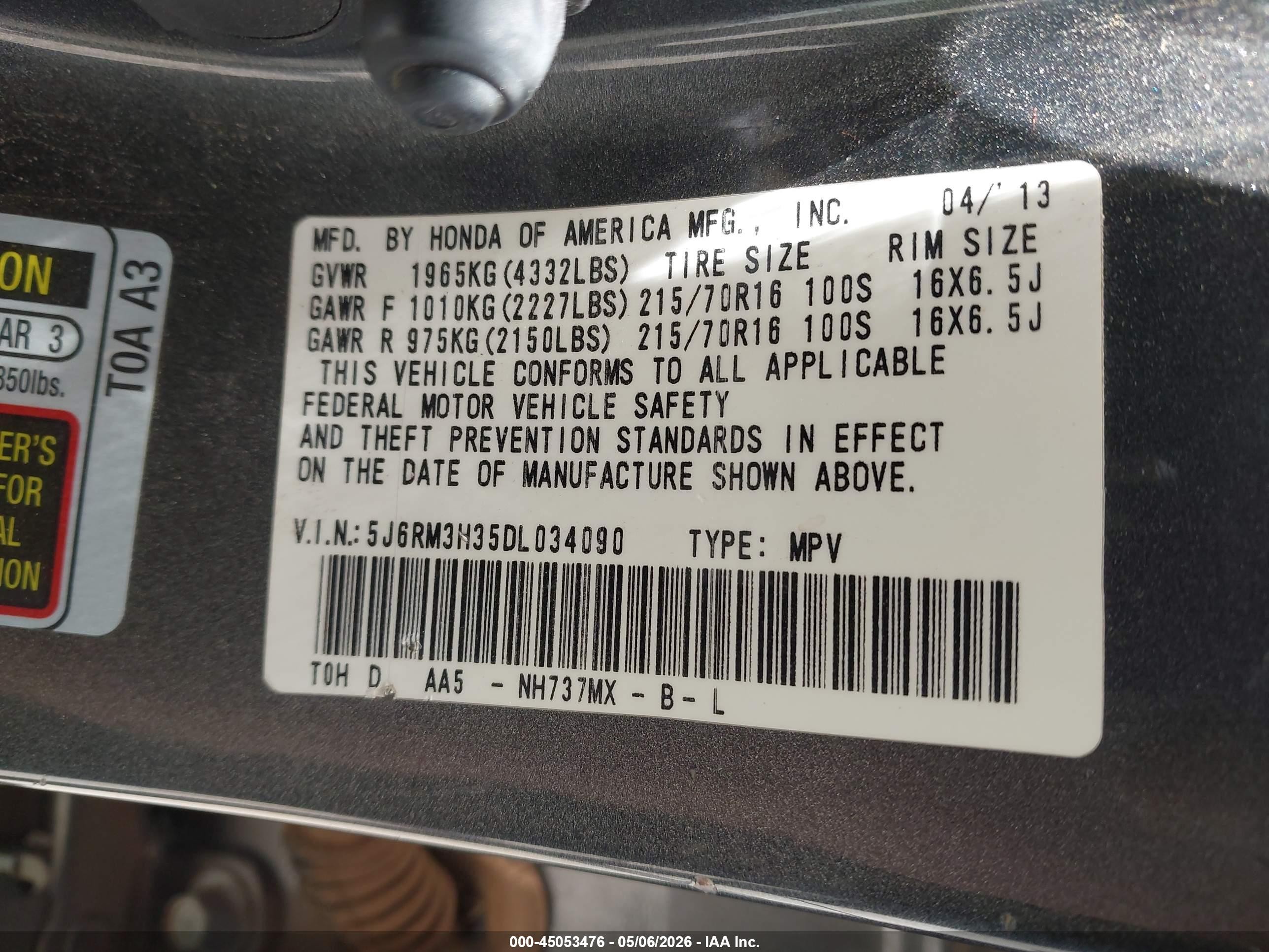 2013 Honda Cr-v Lx Серый vin: 5J6RM3H35DL034090