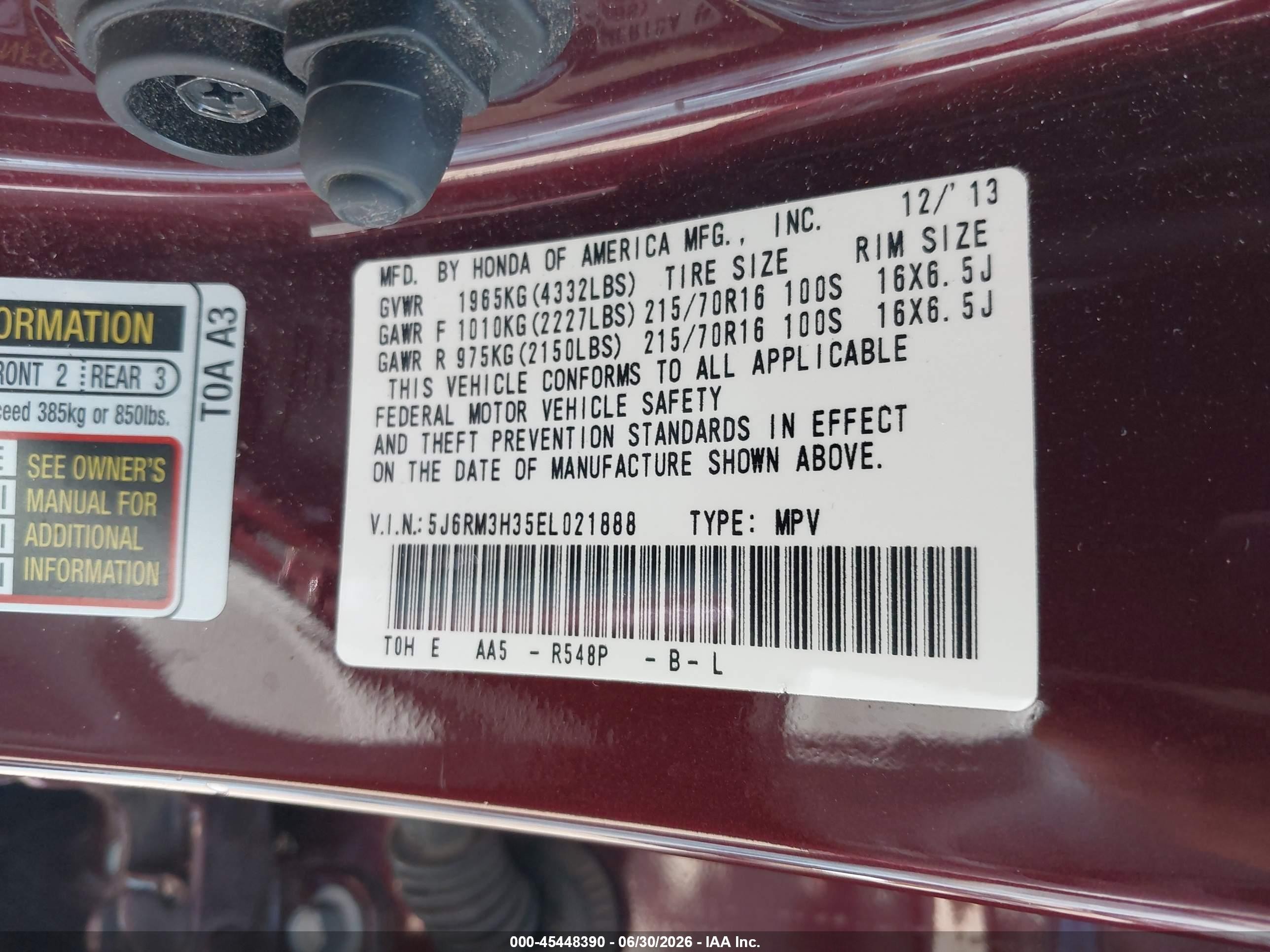2014 Honda Cr-v Lx Темно-бордовый vin: 5J6RM3H35EL021888