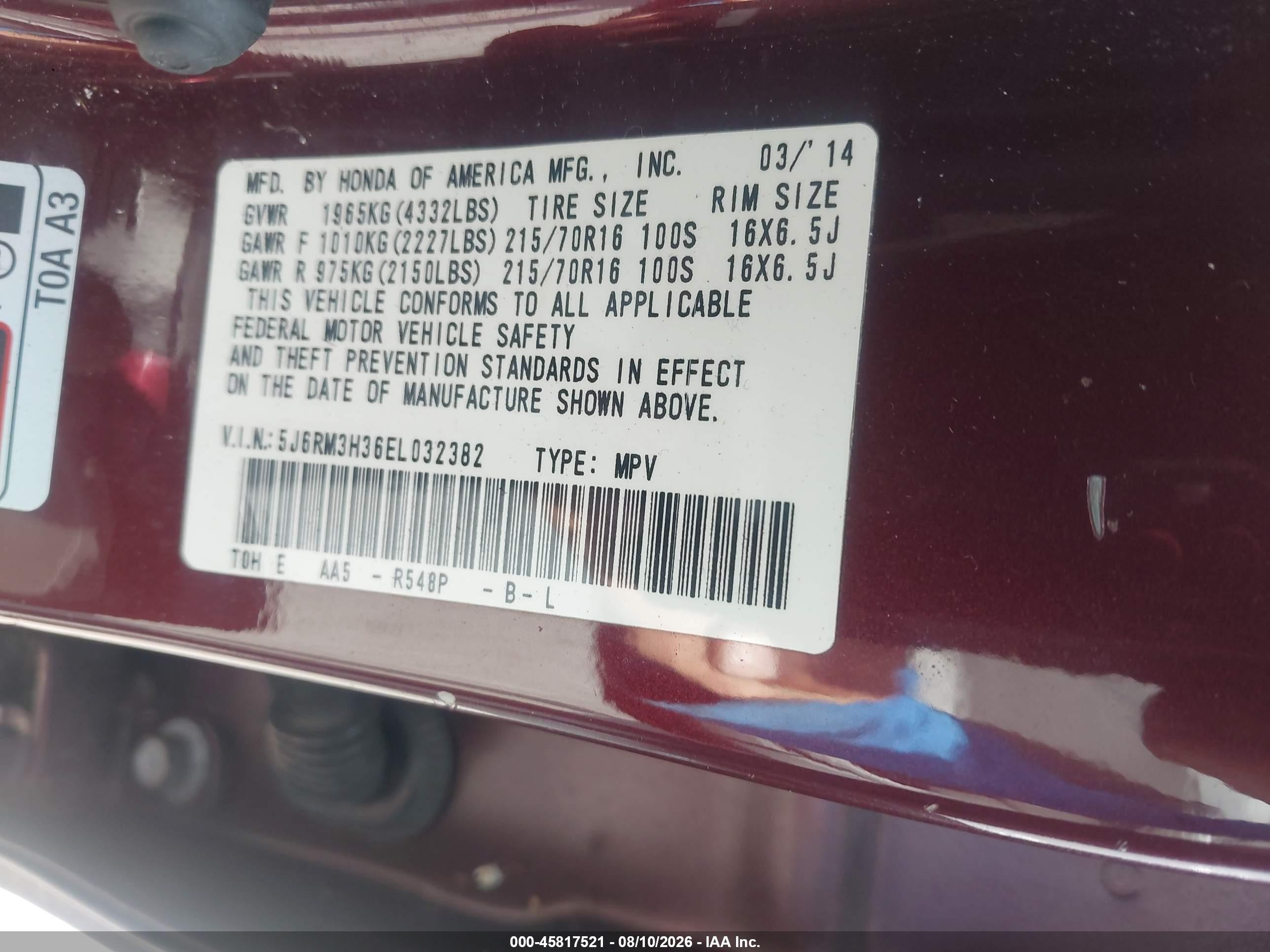 2014 Honda Cr-v Lx Burgundy vin: 5J6RM3H36EL032382