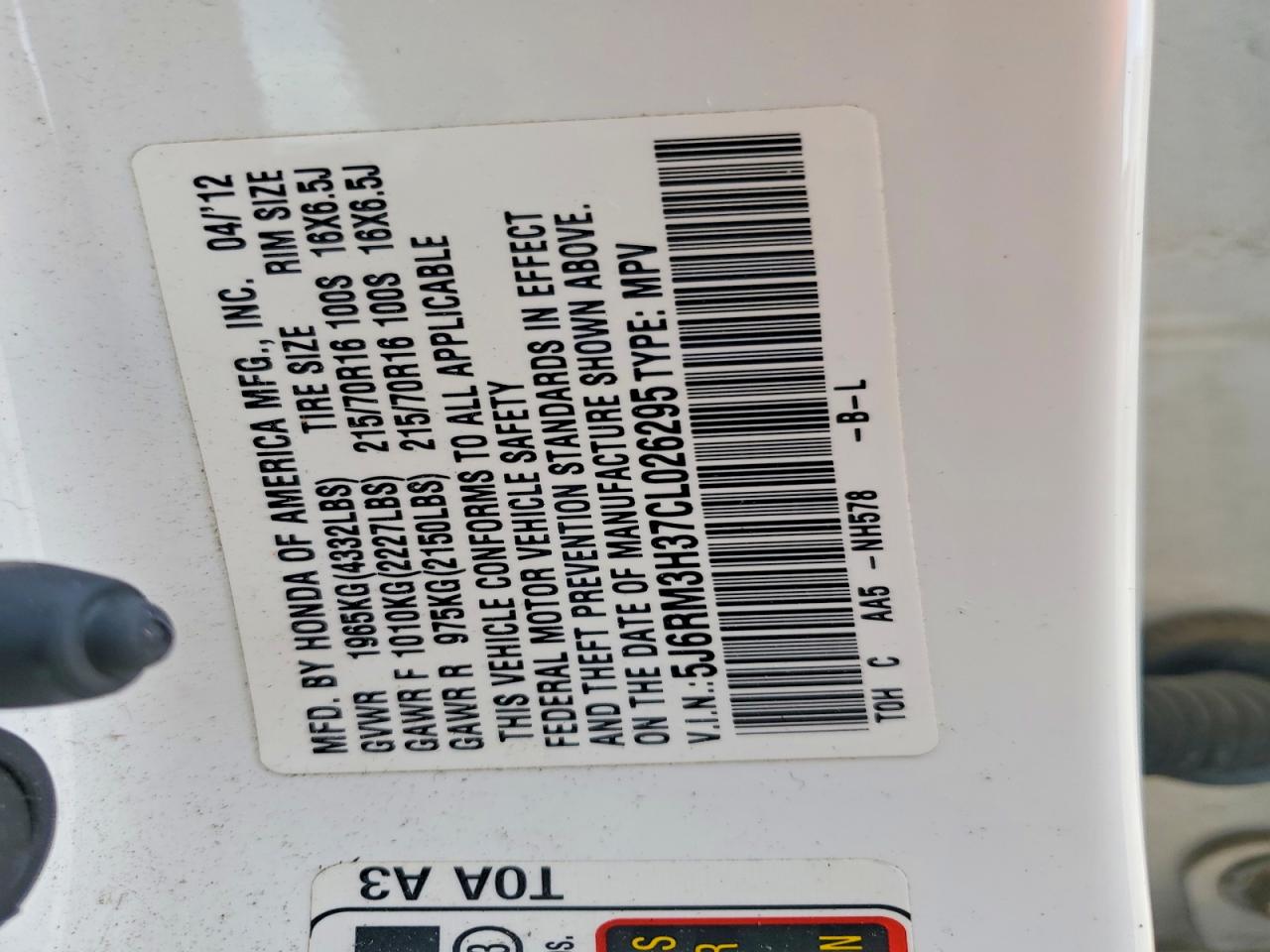 2012 Honda Cr-v Lx Белый vin: 5J6RM3H37CL026295