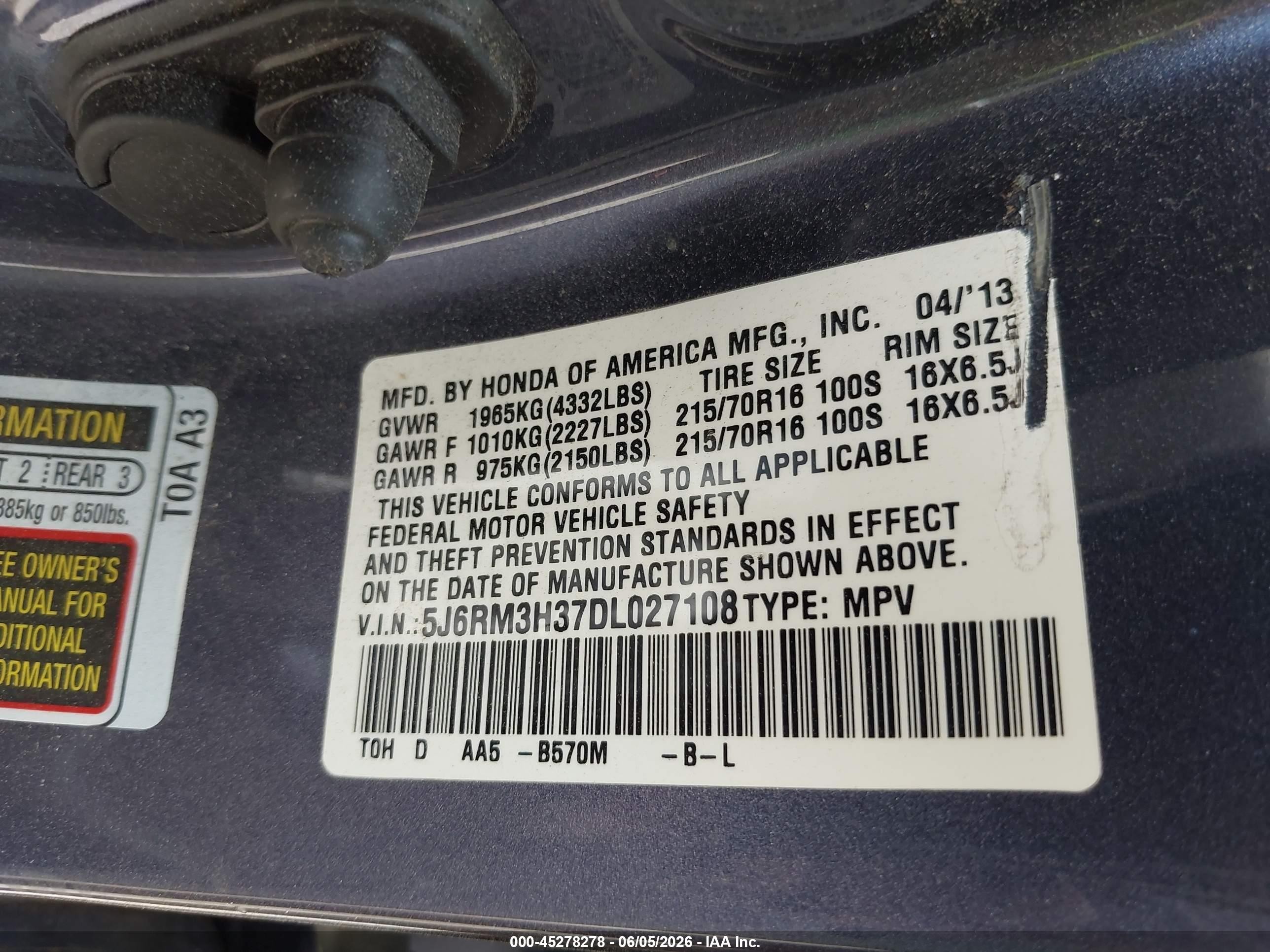 2013 Honda Cr-v Lx Blue vin: 5J6RM3H37DL027108