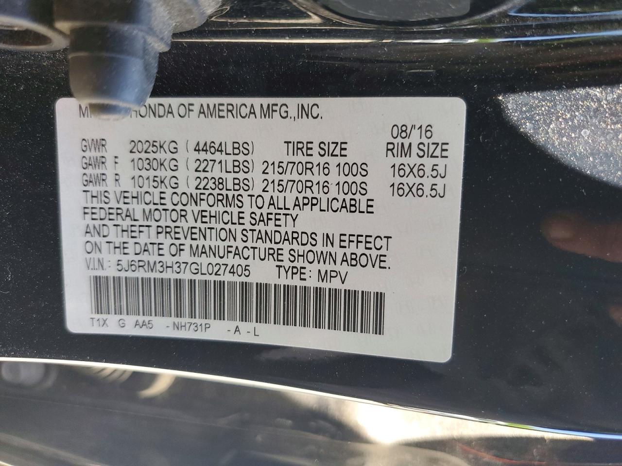 2016 Honda Cr-v Lx Black vin: 5J6RM3H37GL027405