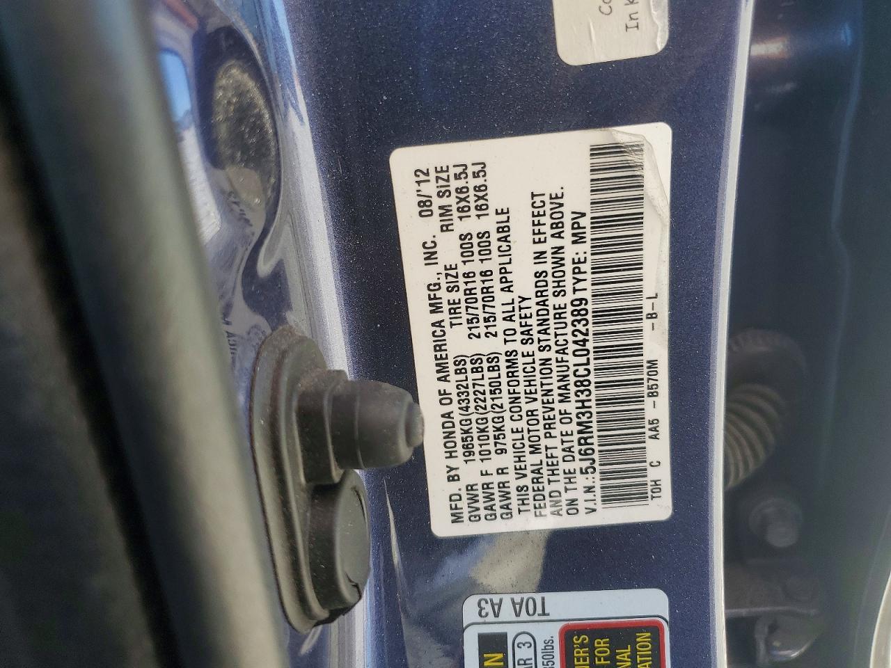 2012 Honda Cr-v Lx Blue vin: 5J6RM3H38CL042389